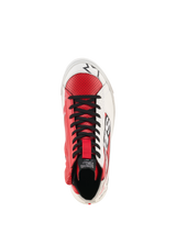 Alpinestars Stated Flair Shoes, Urban Riding Shoes, White and Bright Red, top-down view showing black laces and perforated red leather toe box, premium leather construction with retro racing aesthetics