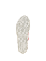 Alpinestars Stated Flair Shoes, White Bright Red, bottom view of the vulcanized rubber sole, off-white zig-zag tread pattern featuring embossed Astars logo and TPF branding