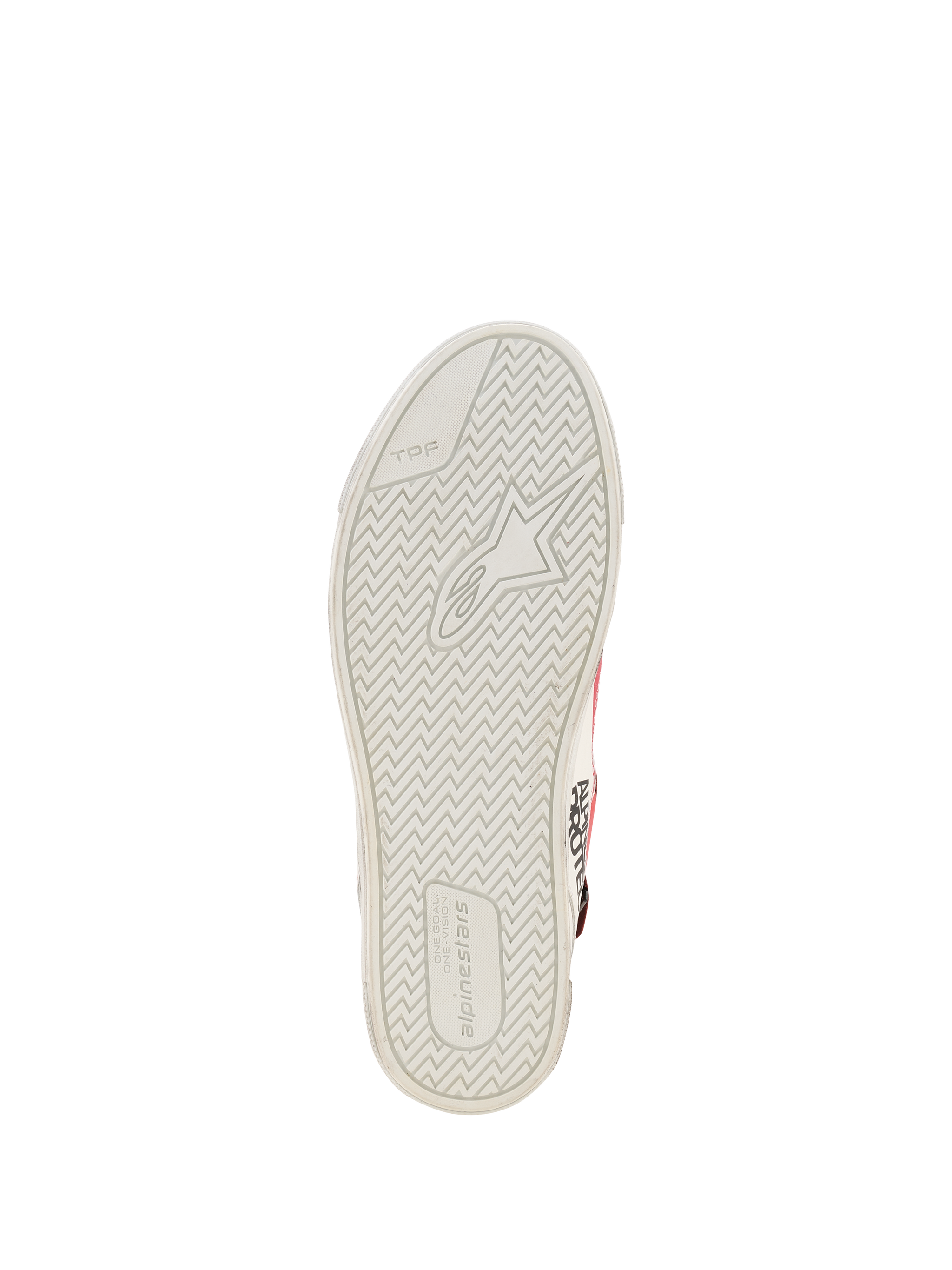 Alpinestars Stated Flair Shoes, White Bright Red, bottom view of the vulcanized rubber sole, off-white zig-zag tread pattern featuring embossed Astars logo and TPF branding