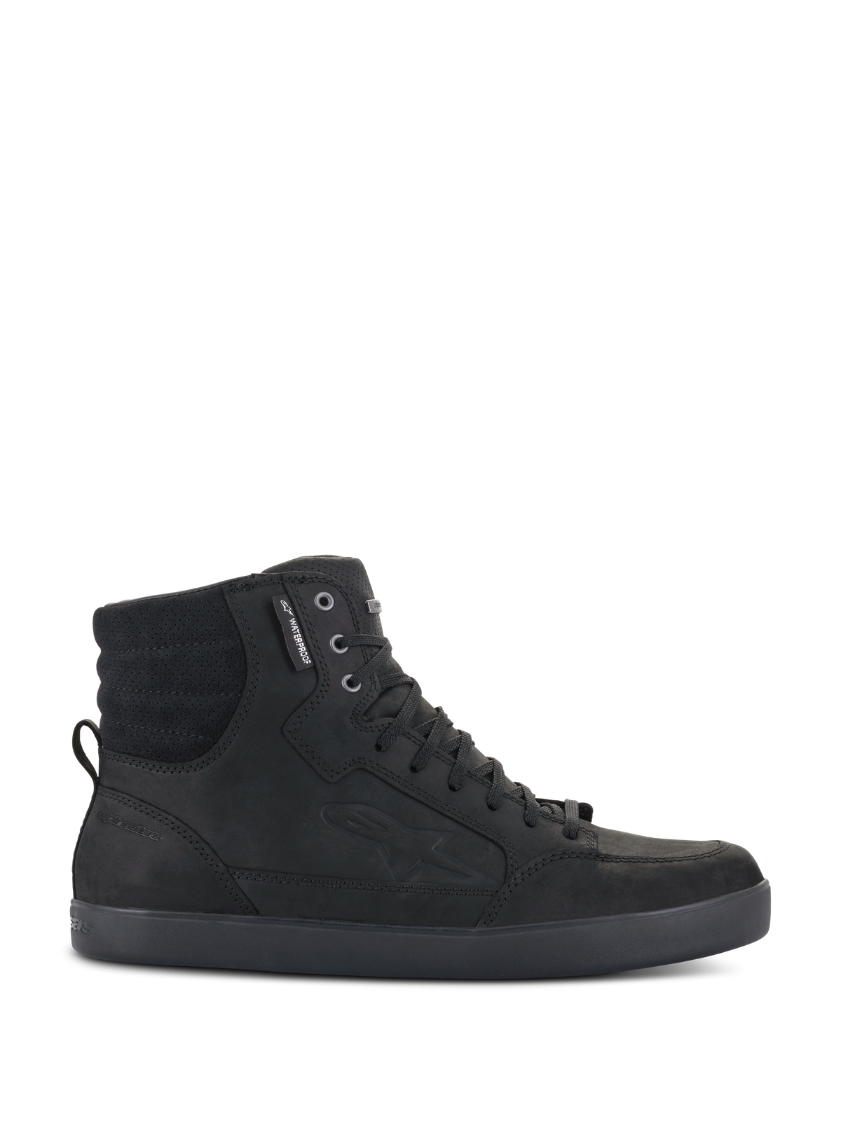 Alpinestars J-6 Waterproof Shoe, Black high-top urban riding sneaker, side profile view showing premium leather construction, lace-up closure, and padded ankle collar