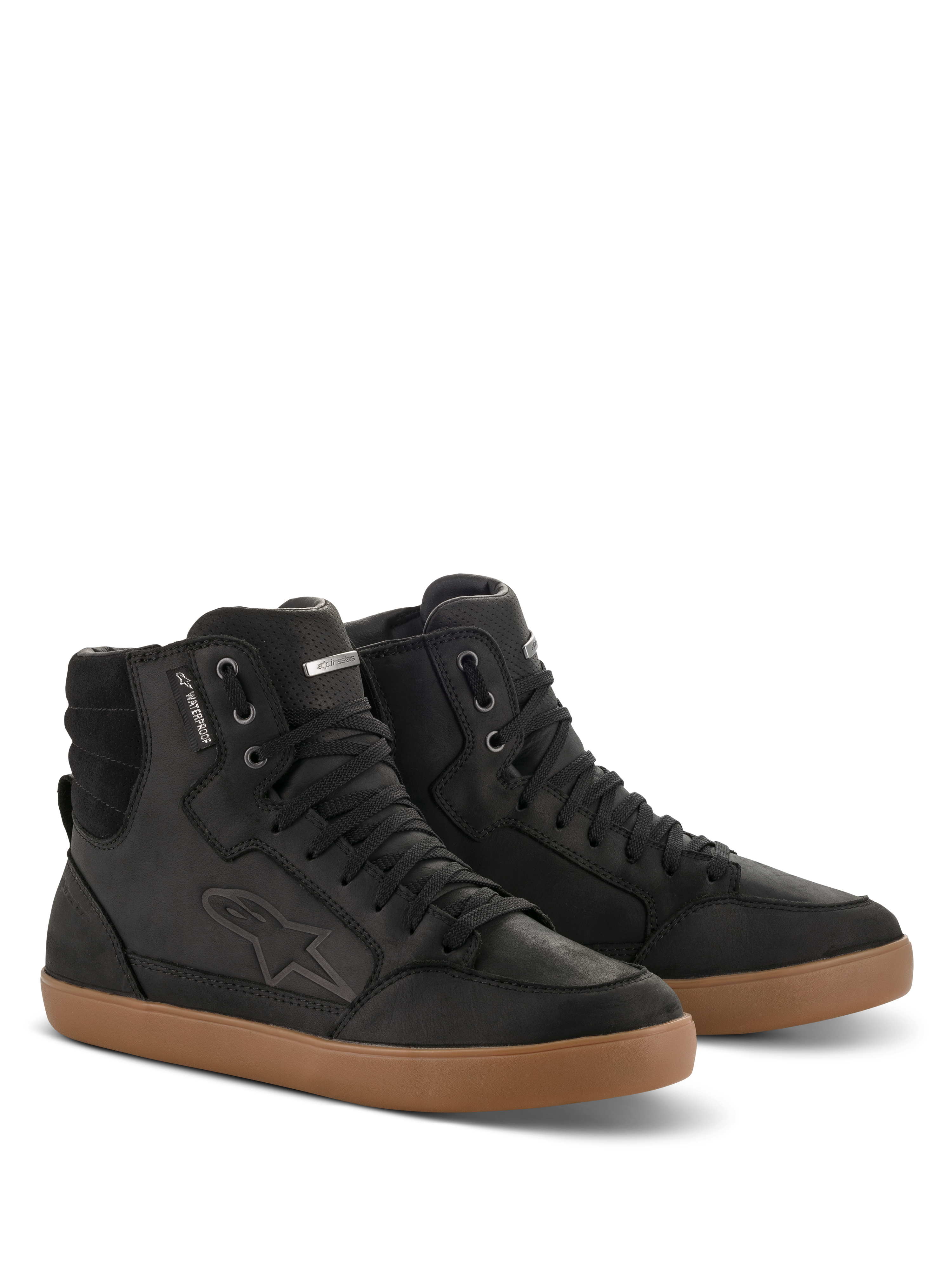 Alpinestars J-6 Wasserdichter Schuh, Schwarz und Gum, knöchelhohe Motorradschuhe aus hochwertigem Leder, Sneaker-Design mit brauner Gummisohle, wasserdichtes Label und geprägtes Logo, urbaner Freizeitlook