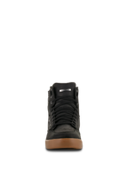 Alpinestars J-6 Waterproof Schuh, Motorradschuh, Black Gum, Vorderansicht mit schwarzen Schnürsenkeln und brauner Gummisohle, Sneaker-Stil für den urbanen Straßenverkehr