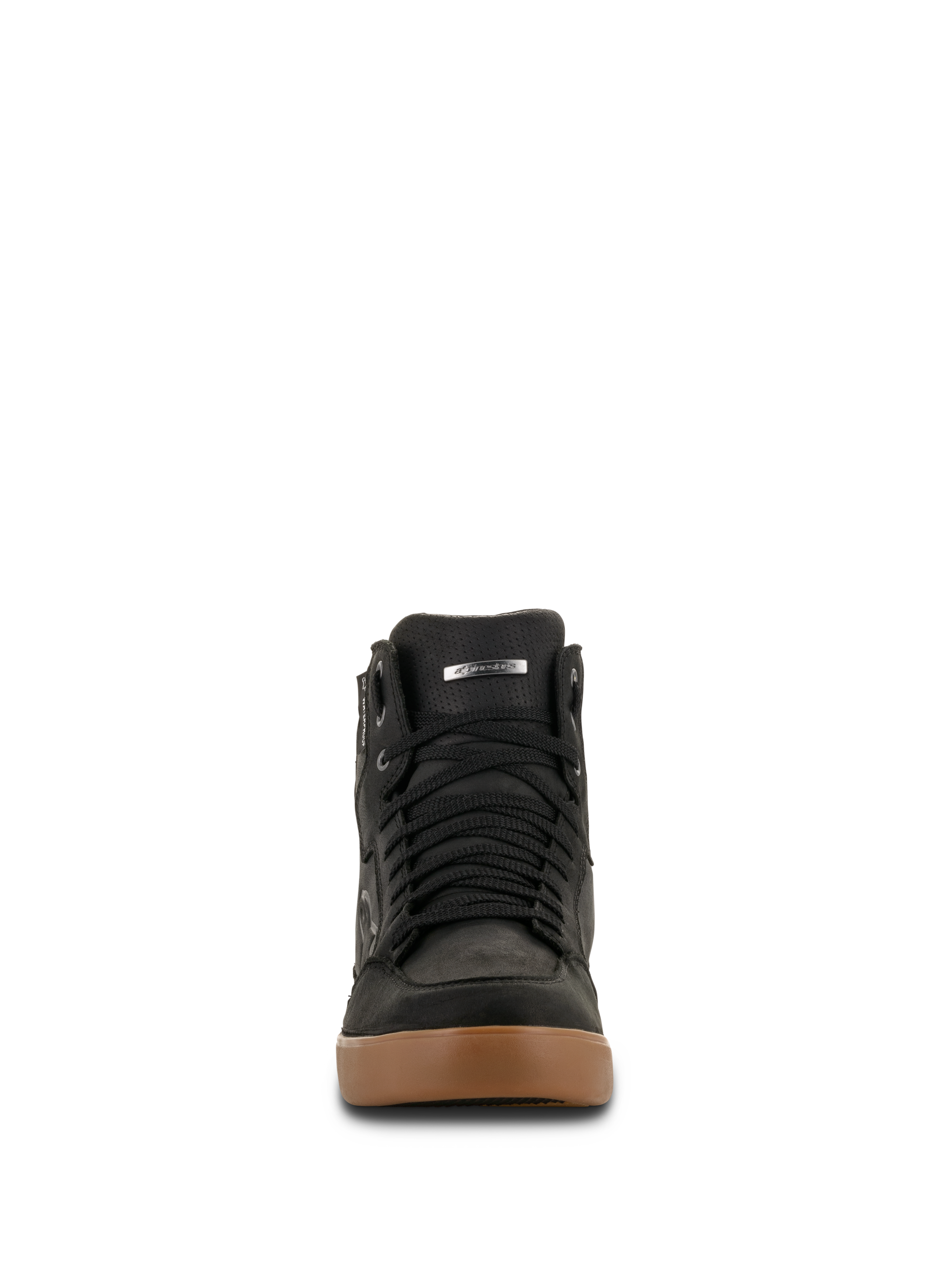 Alpinestars J-6 Waterproof Schuh, Motorradschuh, Black Gum, Vorderansicht mit schwarzen Schnürsenkeln und brauner Gummisohle, Sneaker-Stil für den urbanen Straßenverkehr
