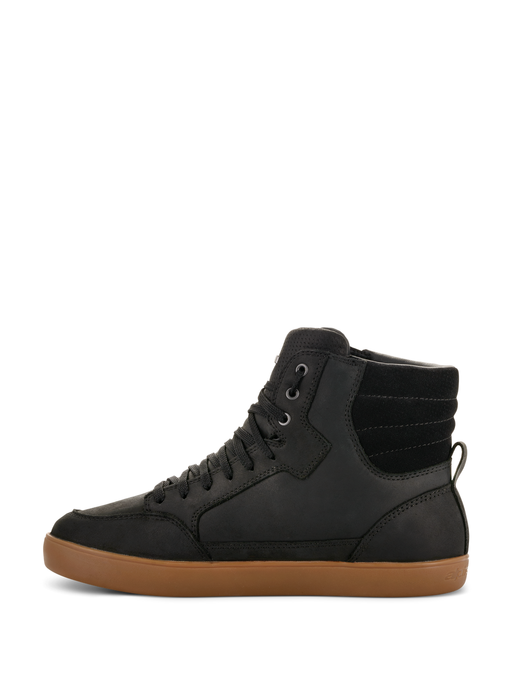 Alpinestars J-6 Wasserdichter Schuh, Motorradschuh, Schwarz mit brauner Gummisohle, Seitenprofil-Ansicht, High-Top-Sneaker-Design, Obermaterial aus Leder, lässiges urbanes Motorrad-Schuhwerk