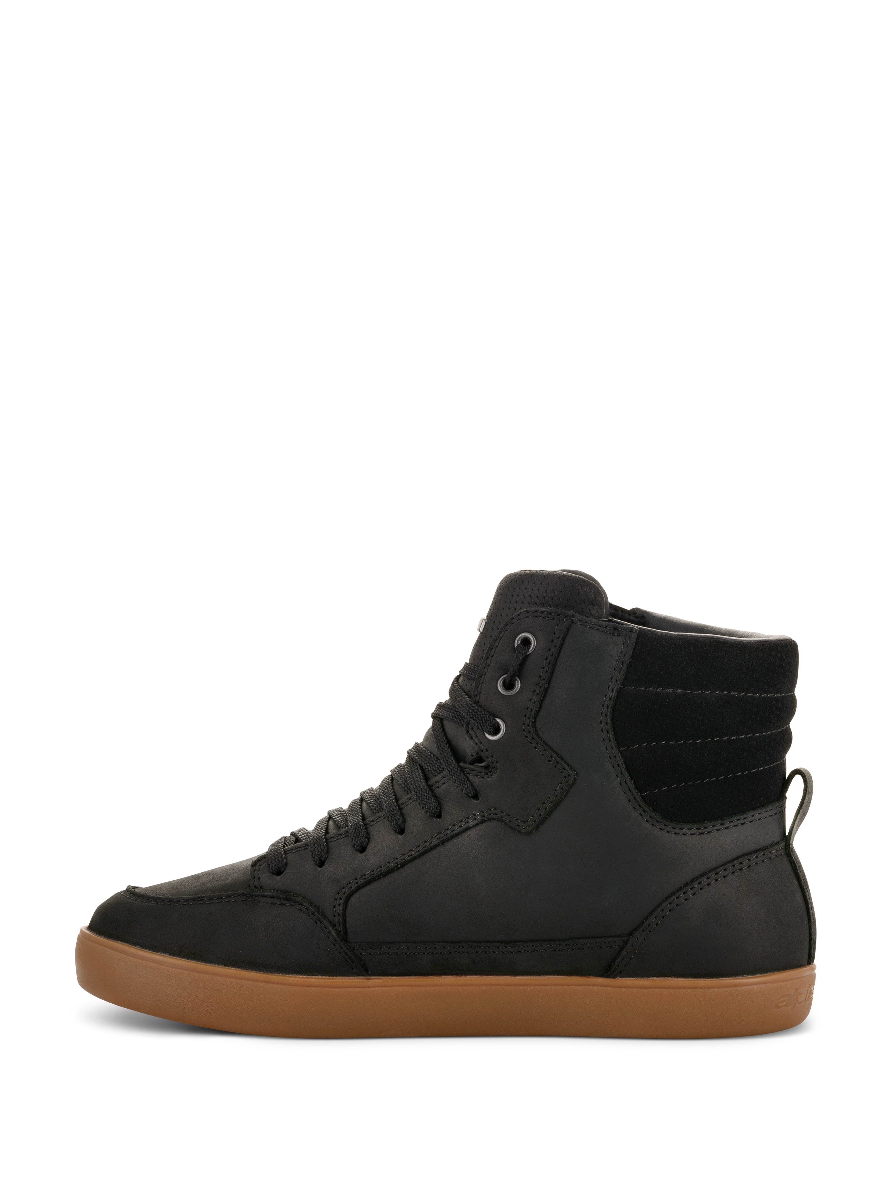 Alpinestars J-6 Wasserdichter Schuh, Motorradschuh, Schwarz mit brauner Gummisohle, Seitenprofil-Ansicht, High-Top-Sneaker-Design, Obermaterial aus Leder, lässiges urbanes Motorrad-Schuhwerk