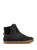 Alpinestars J-6 Waterproof Schuh, schwarzer High-Top-Motorradsneaker mit brauner Gummisohle, wasserdichtes urbanes Fahrerschuhwerk, gepolsterter Knöchelbereich, schwarze Schnürsenkel, dezente Logoprägung, Lederkonstruktion
