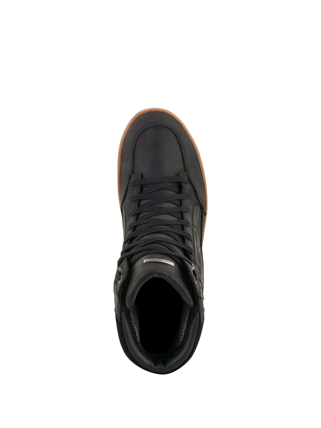 Alpinestars J-6 Wasserdichter Schuh, Black Gum, Draufsicht, schwarzer Leder-Motorradschuh mit gummifarbener Gummisohle, urbane Ausrüstung im Sneaker-Stil, schwarze Schnürsenkel