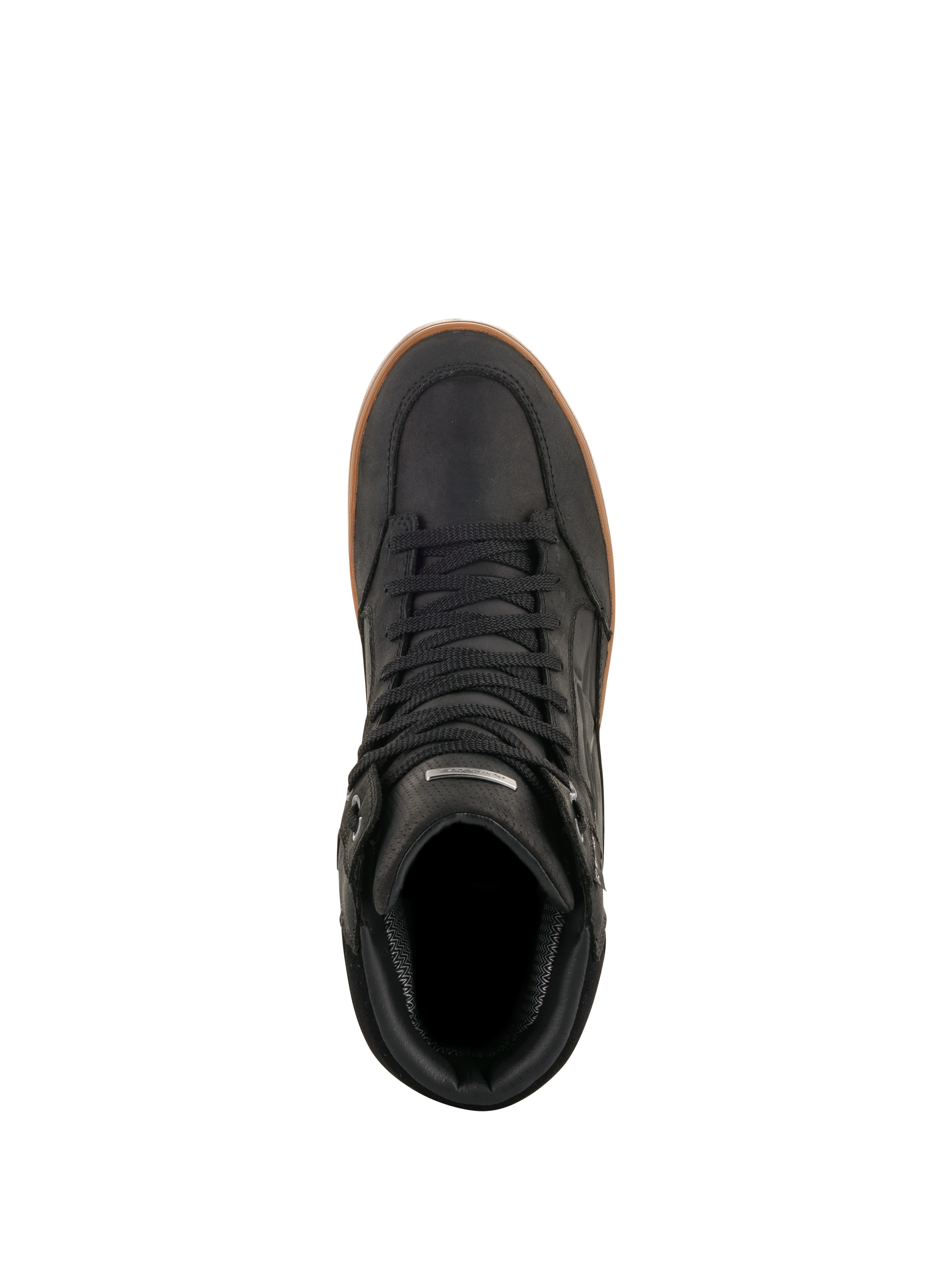 Alpinestars J-6 Wasserdichter Schuh, Black Gum, Draufsicht, schwarzer Leder-Motorradschuh mit gummifarbener Gummisohle, urbane Ausrüstung im Sneaker-Stil, schwarze Schnürsenkel