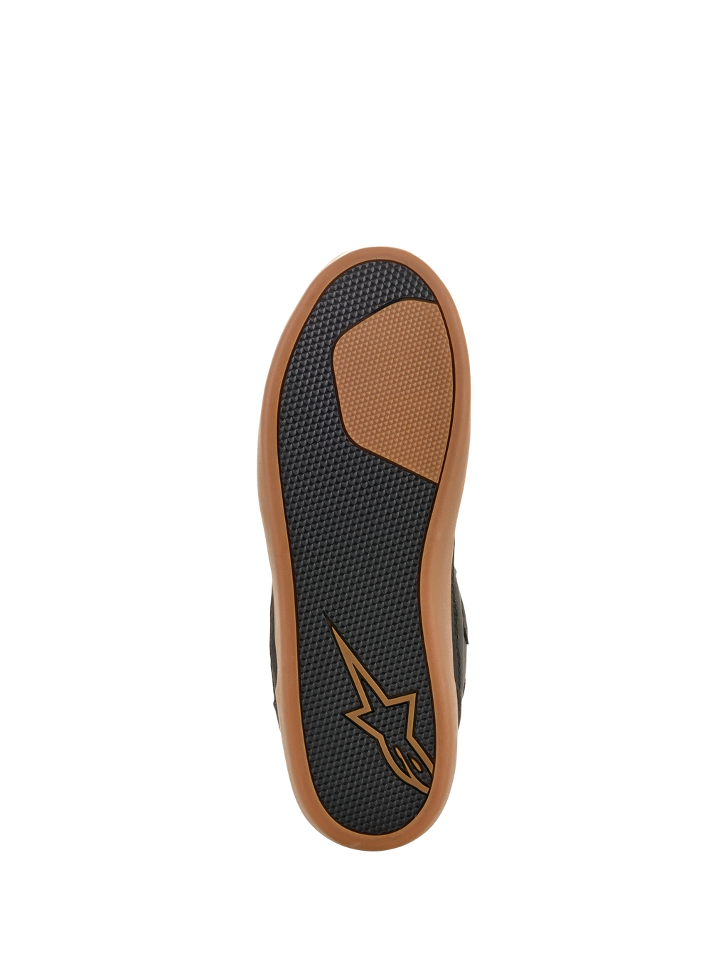 Alpinestars J-6 Wasserdichter Schuh, Sohlenansicht, Schwarz und Gum, strukturiertes Gummiprofil für Grip und Langlebigkeit, mit hellbraunem Astars-Logo und gummifarbenem Außenrand, Motorradschuh im Sneaker-Stil