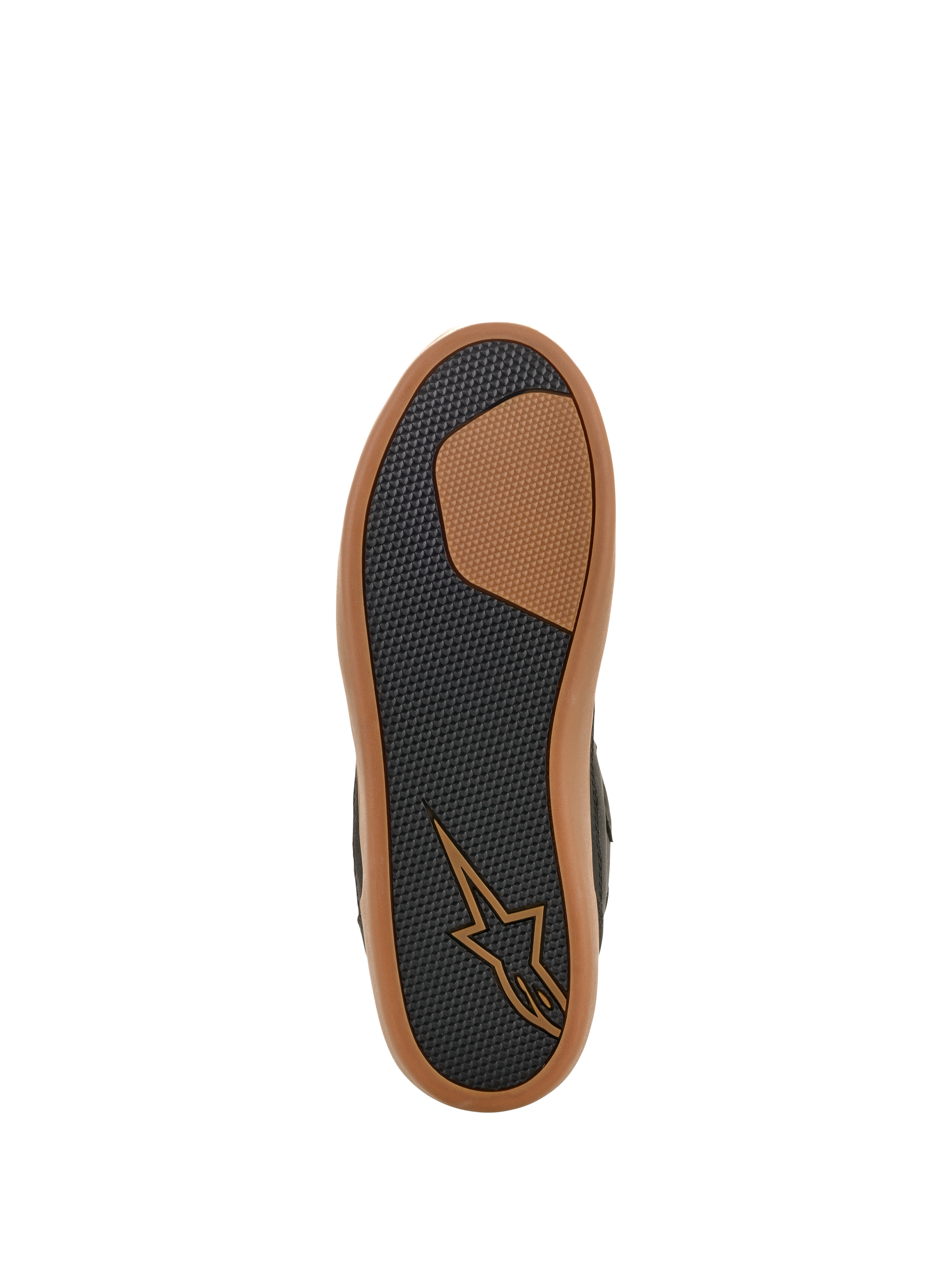 Alpinestars J-6 Wasserdichter Schuh, Sohlenansicht, Schwarz und Gum, strukturiertes Gummiprofil für Grip und Langlebigkeit, mit hellbraunem Astars-Logo und gummifarbenem Außenrand, Motorradschuh im Sneaker-Stil