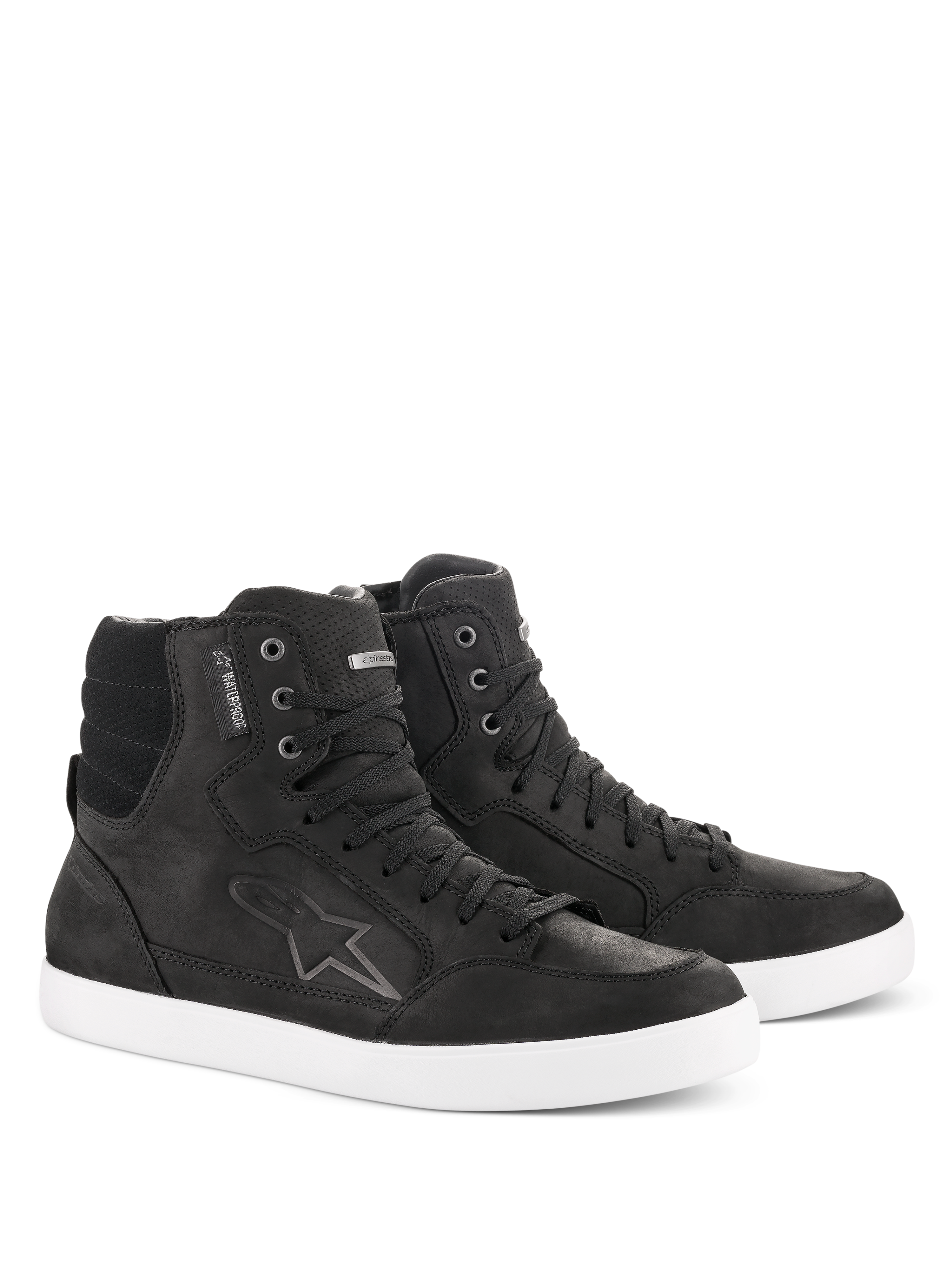 Alpinestars J-6 Waterproof Shoe, Motorcycle Riding Shoes, Black and White, high-top sneaker design, premium leather with lace-up closure, white rubber sole, featuring the Astar logo and waterproof tag, urban casual style for road riding