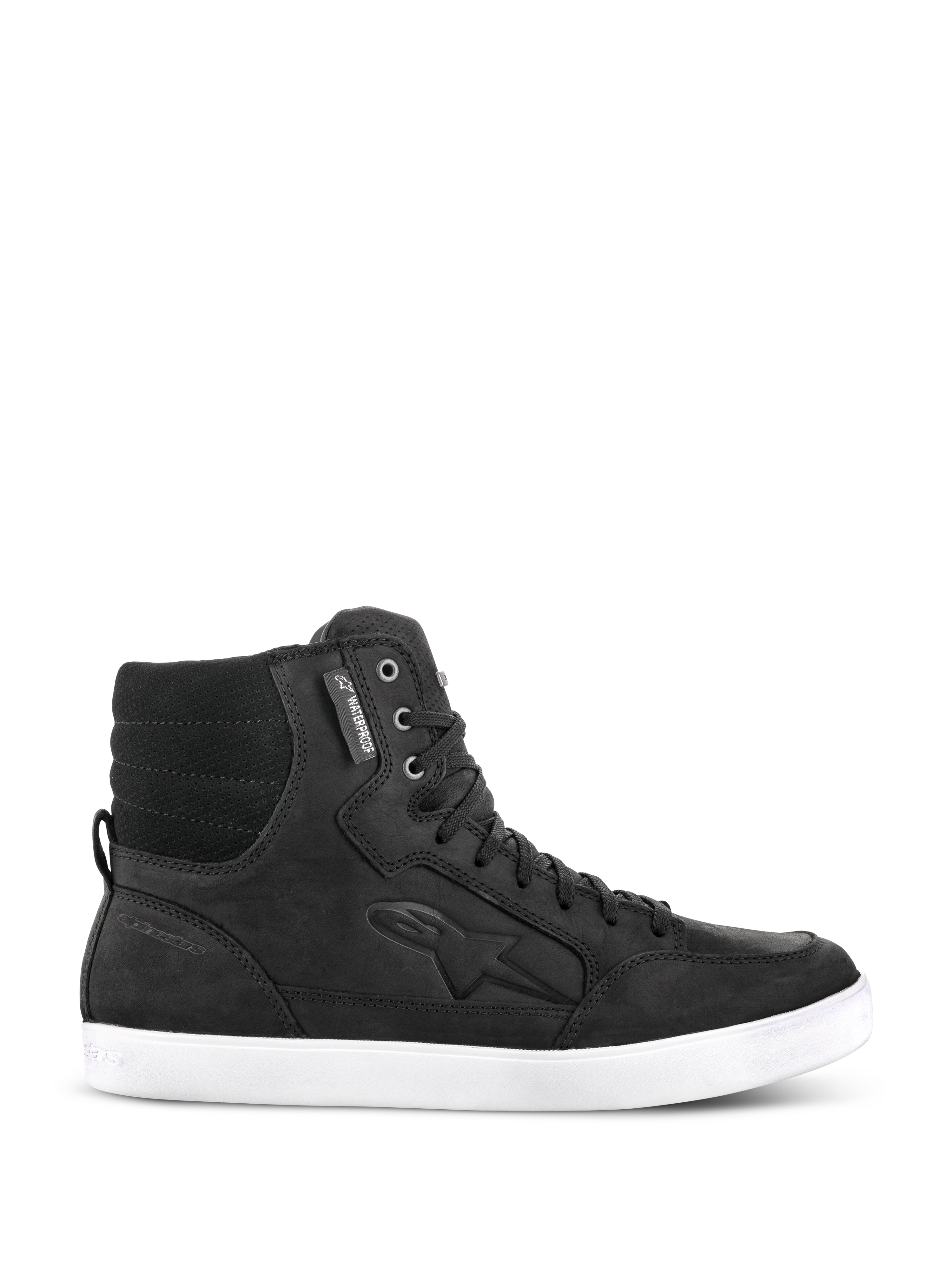 Alpinestars J-6 Waterproof Shoe, Black urban riding sneaker, high-top leather motorcycle footwear with a white flat sole, padded quilted ankle, metal eyelets, waterproof tag, embossed side logo, street-inspired design for daily use