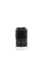 Alpinestars J-6 Waterproof Shoe, Motorcycle Riding Shoe, Black and White, rear view showing the heel and textured leather upper with a white rubber sole
