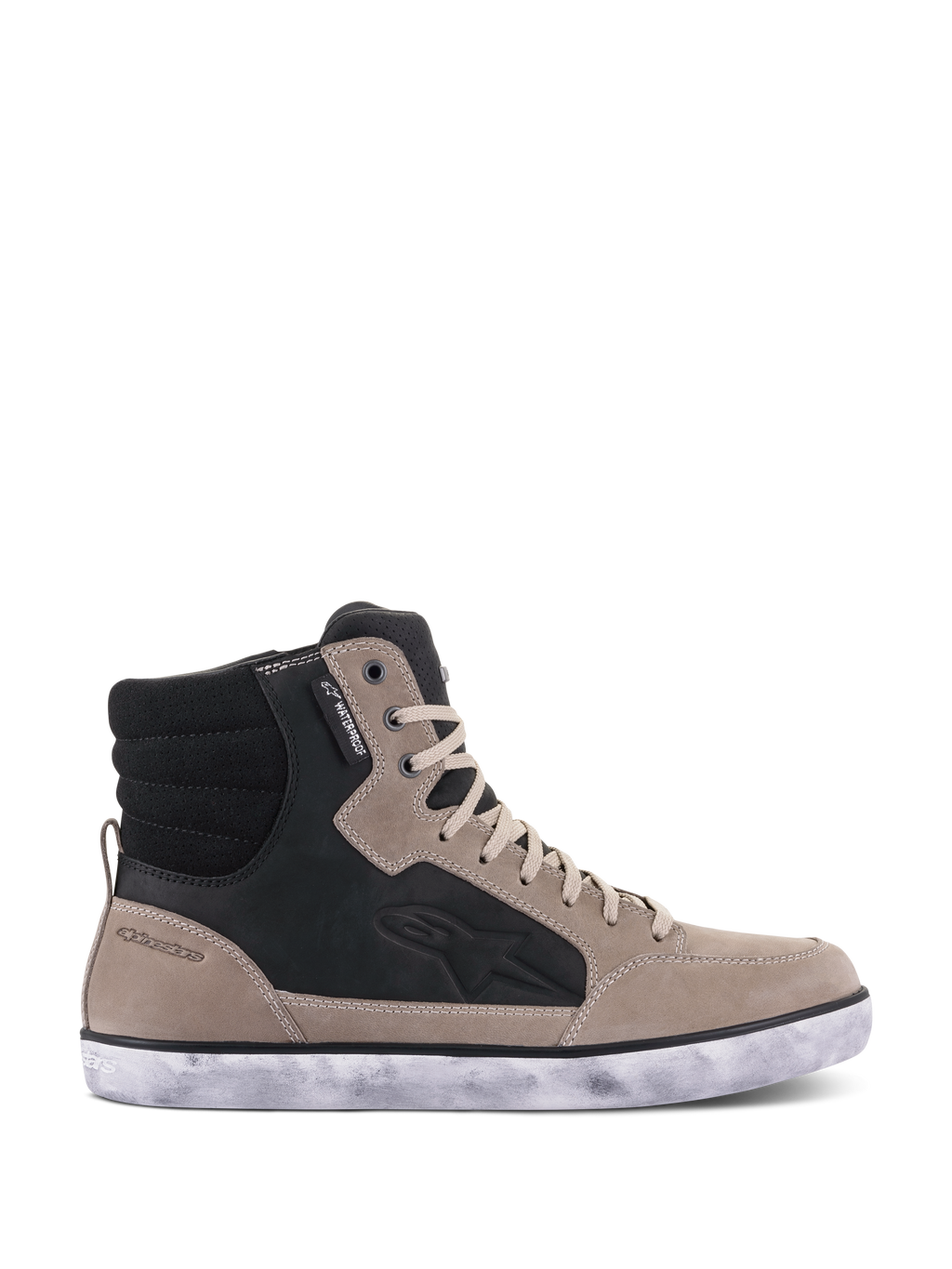 Alpinestars J-6 Waterproof Shoe, Motorcycle Riding Shoe, Black Flint White, leather high-top sneaker design with a distressed white sole, featuring a waterproof tag and embossed side logo