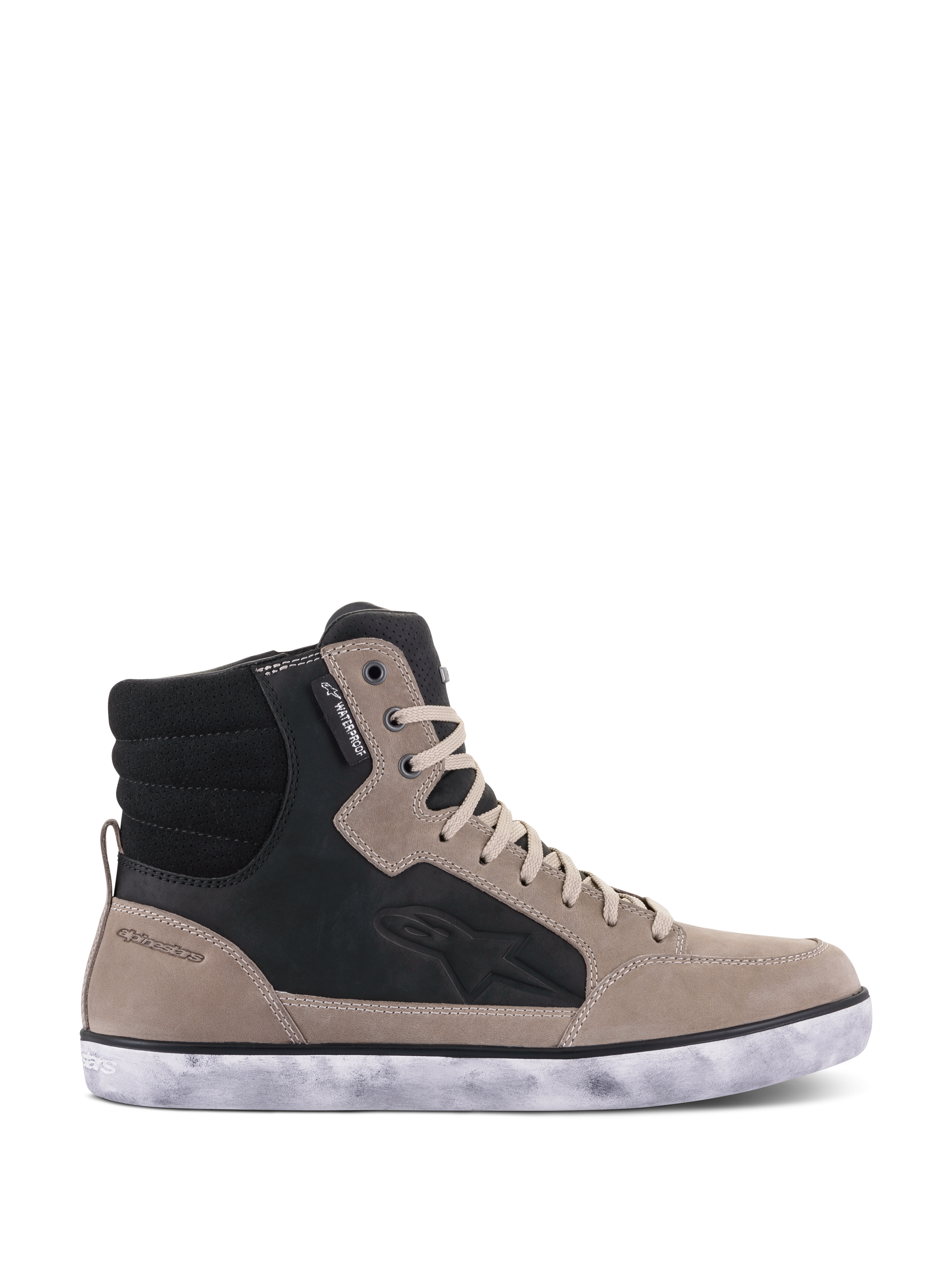 Alpinestars J-6 Waterproof Shoe, Motorcycle Riding Shoe, Black Flint White, sneaker-style high-top design in leather with distressed white rubber sole, featuring side Astar logo and waterproof label