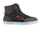 Alpinestars J-6 Waterproof Canvas Riding Shoe, Black Anthracite and Light Blue, high-top sneaker silhouette featuring an orange Astars logo, orange eyelets, and a light blue stripe on a white rubber sole, casual urban motorcycle footwear.