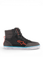 Alpinestars J-6 Wasserdicht Canvas Motorradschuhe für Herren, Schwarz und Grau mit hellblauen und orangefarbenen Akzenten.