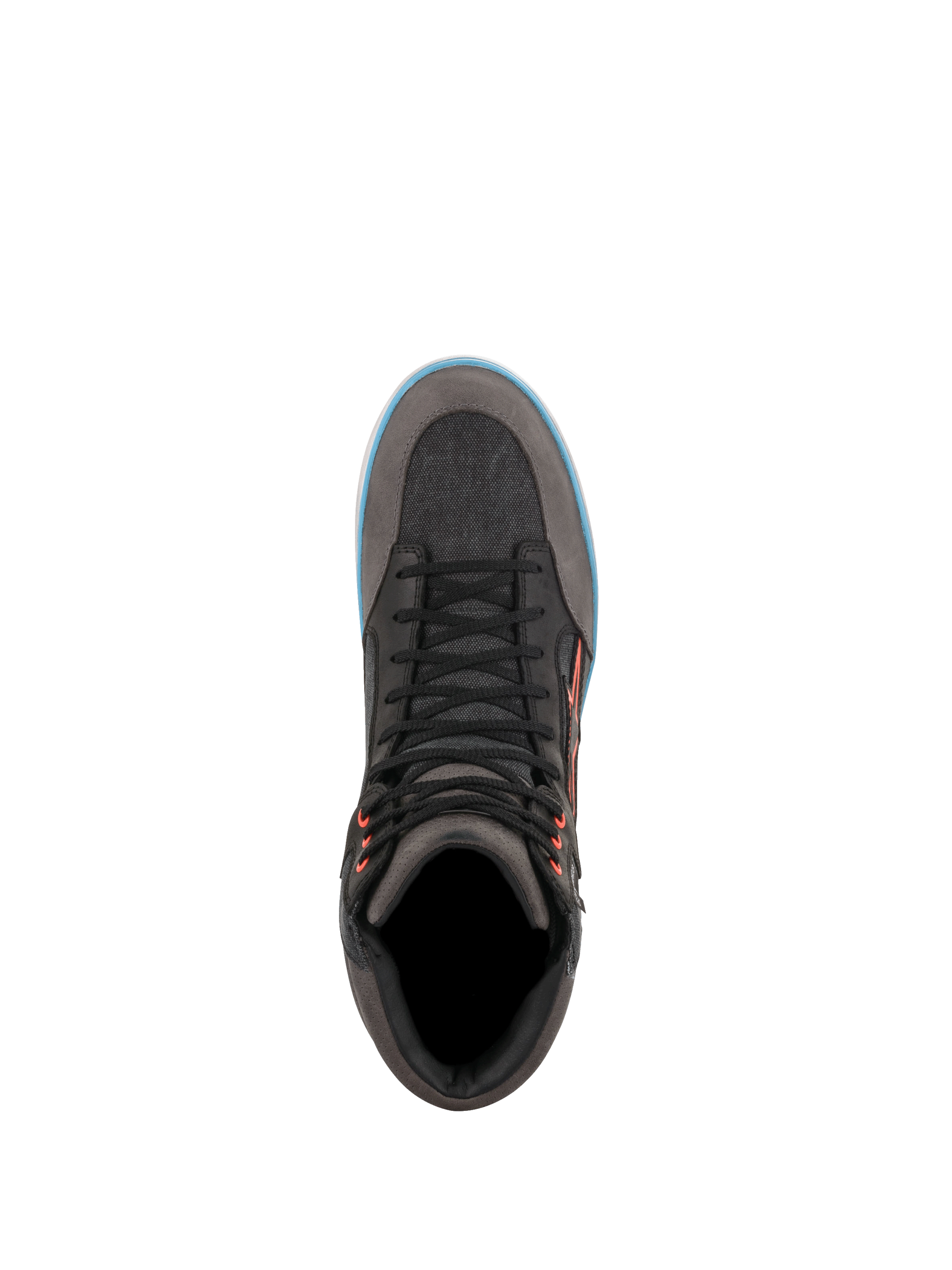 Alpinestars J-6 Wasserdichte Canvas Motorradschuhe, Urban-Sneaker in Grau und Schwarz mit hellblauen Akzenten, Draufsicht.