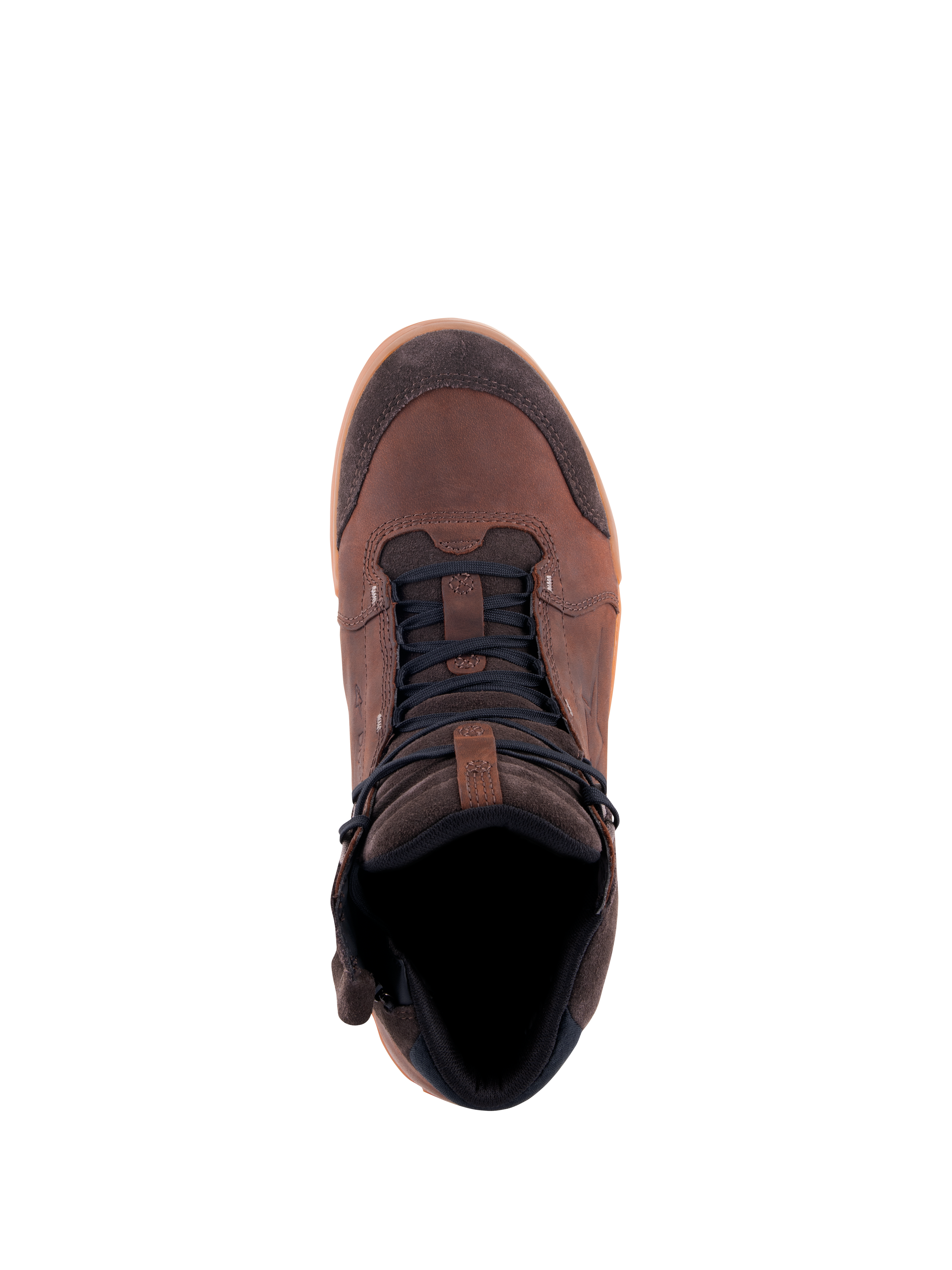 Alpinestars Chrome Crafted Drystar® Shoes, Urban Riding Shoes, Brown Gum, Top-down view, leather and suede upper with dark laces and gum sole, casual waterproof motorcycle footwear