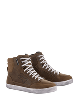 Alpinestars Women's J-6 Waterproof Shoes, Brown leather and suede motorcycle shoes, high-top sneaker style with white laces and distressed rubber soles, waterproof membrane and side logo, urban riding footwear