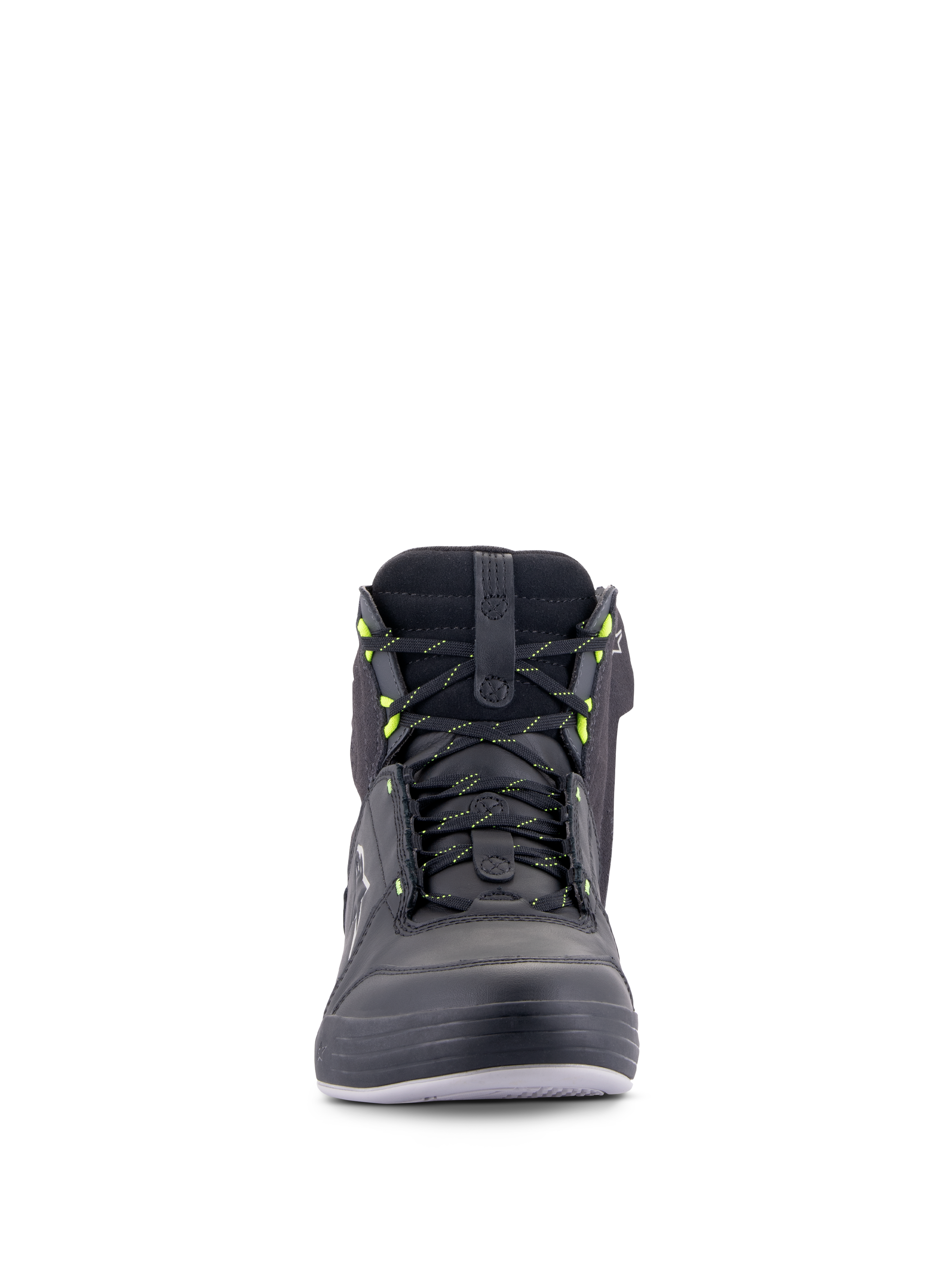 Alpinestars Chrome Drystar® Schuhe, urbane Motorradschuhe, Schwarz Dunkelgrau Gelb Fluo, Vorderansicht mit Schnürsenkeln mit gelben Akzenten, High-Top-Leder- und Wildlederkonstruktion, wasserdichtes, lässiges Streetwear-Design