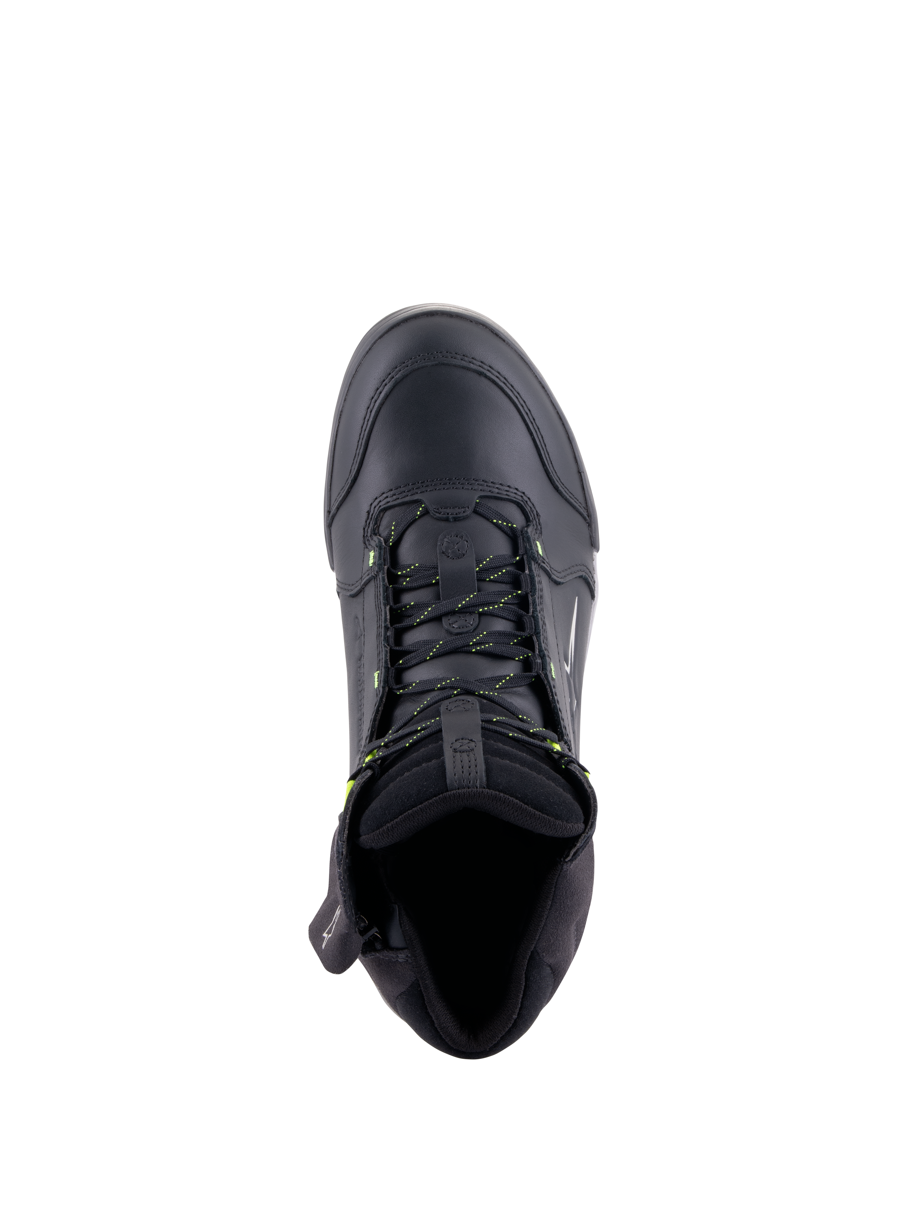 Alpinestars Chrome Drystar® Schuhe, urbane Motorradschuhe, Schwarz und Gelb Fluo, Draufsicht zeigt die Konstruktion aus hochwertigem Leder, gelb akzentuierte Schnürsenkel und gepolsterter Kragen für hohen Tragekomfort