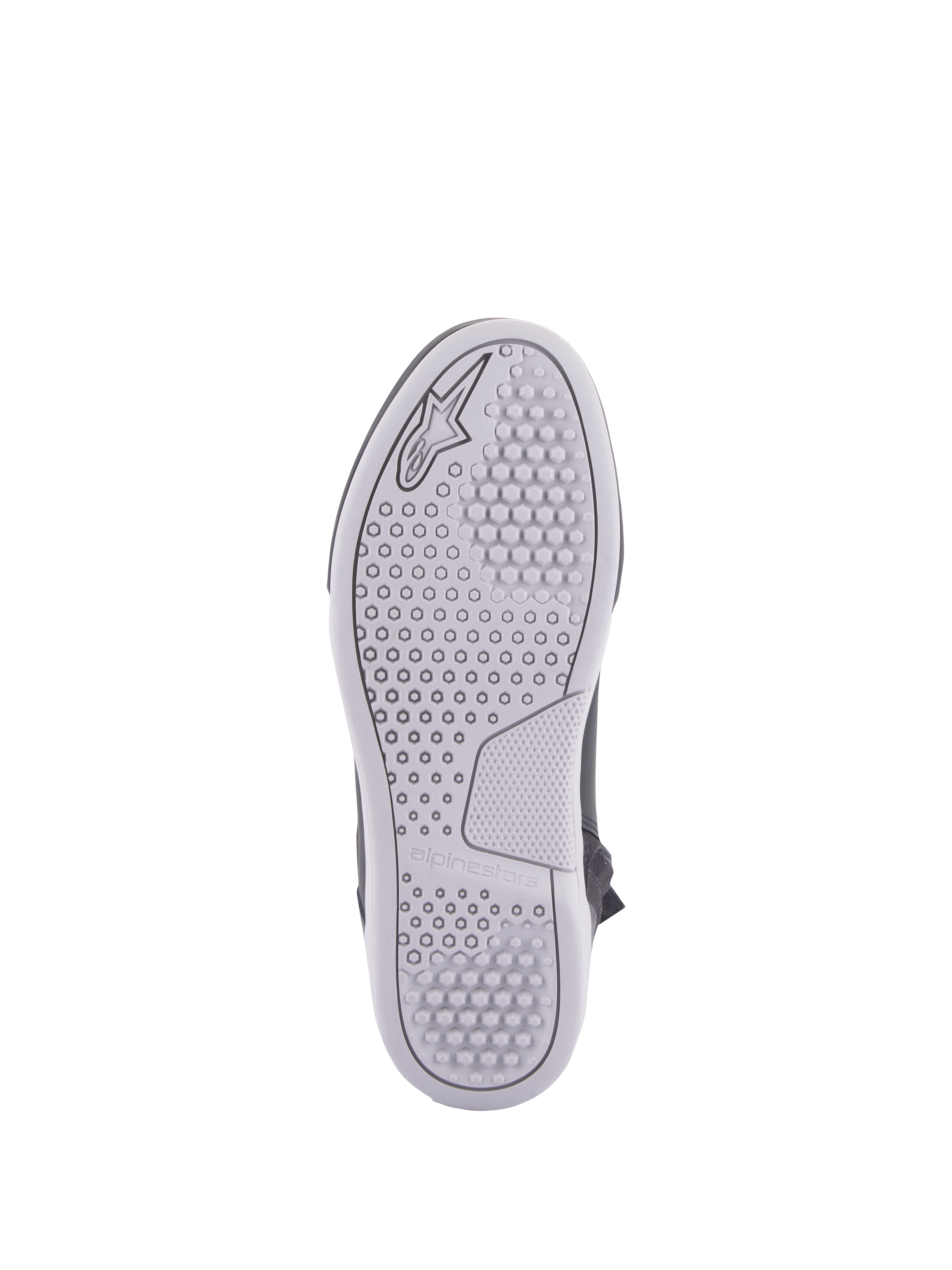 Alpinestars Chrome Drystar® Schuhe, urbane Motorradschuhe, Sohlenansicht, hellgraue Gummisohle mit sechseckigen und kreisförmigen Profilmustern, geprägtes Alpinestars-Logo und Markenname.