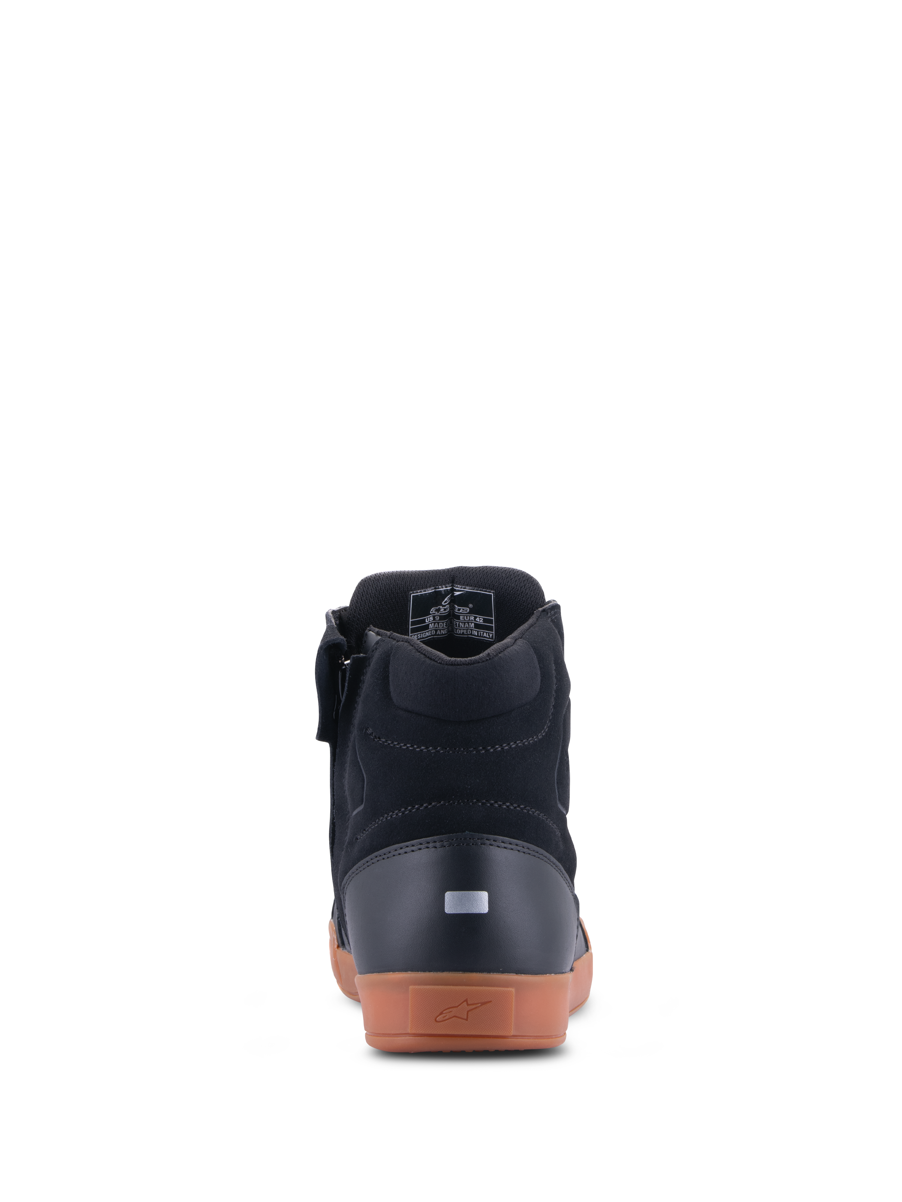 Alpinestars Chrome Drystar® Shoes, Rear View, Black and Gum, Urban Motorcycle Shoes, featuring a leather and suede upper, reflective heel detail, and a gum rubber sole with embossed logo