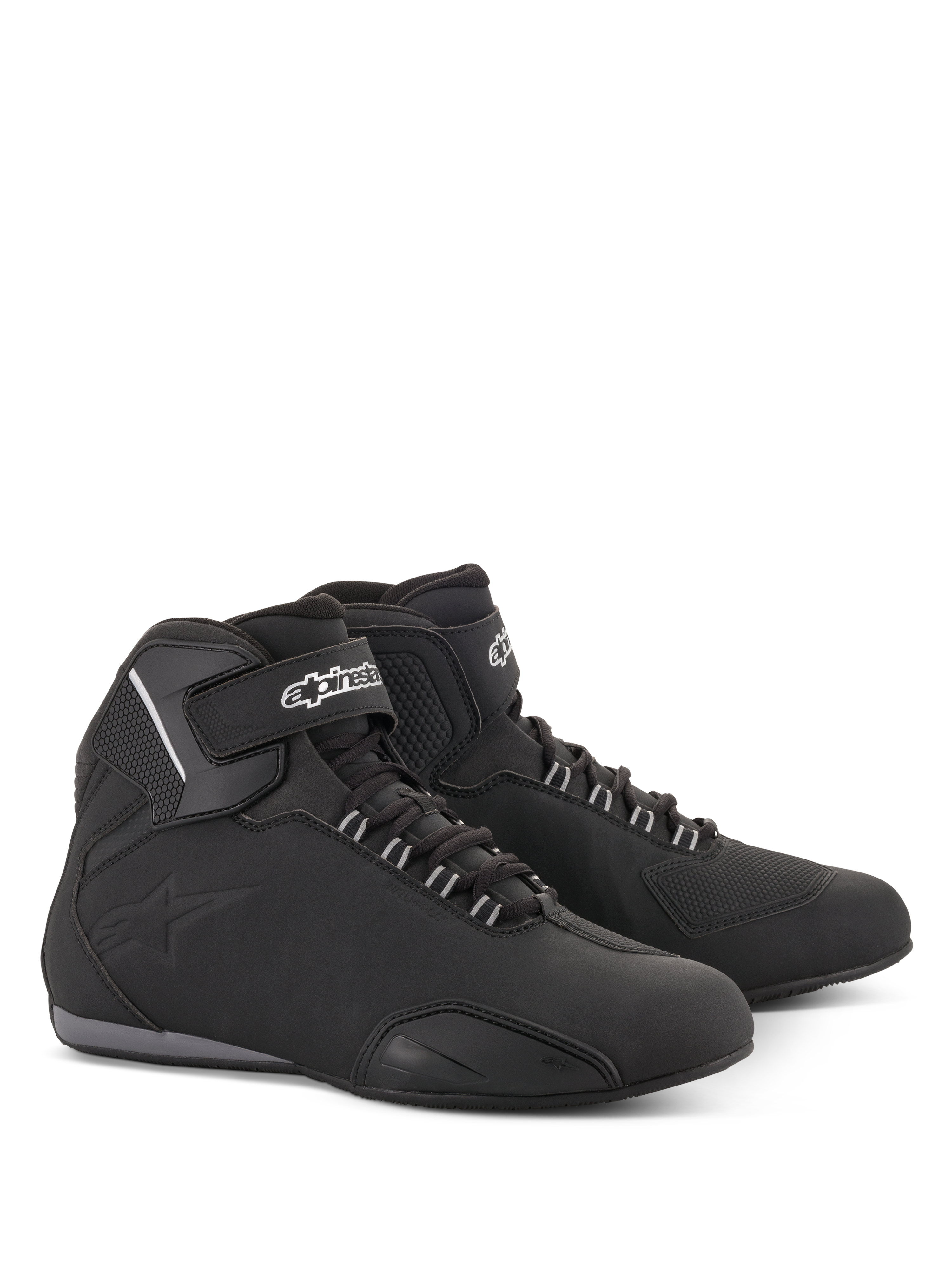 Alpinestars Sektor Waterproof Shoes, Motorcycle Riding Shoes, Black, mid-top silhouette with laces and Velcro ankle strap, white Alpinestars logo, lightweight microfiber chassis with reinforced panels and rubber sole
