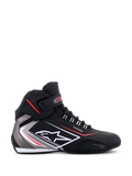 Alpinestars Sektor Waterproof Shoes, side profile, Black with Gray and White accents and red details, featuring laces, a Velcro ankle strap, Alpinestars logo, and 'Waterproof' branding, sleek motorcycle riding footwear.