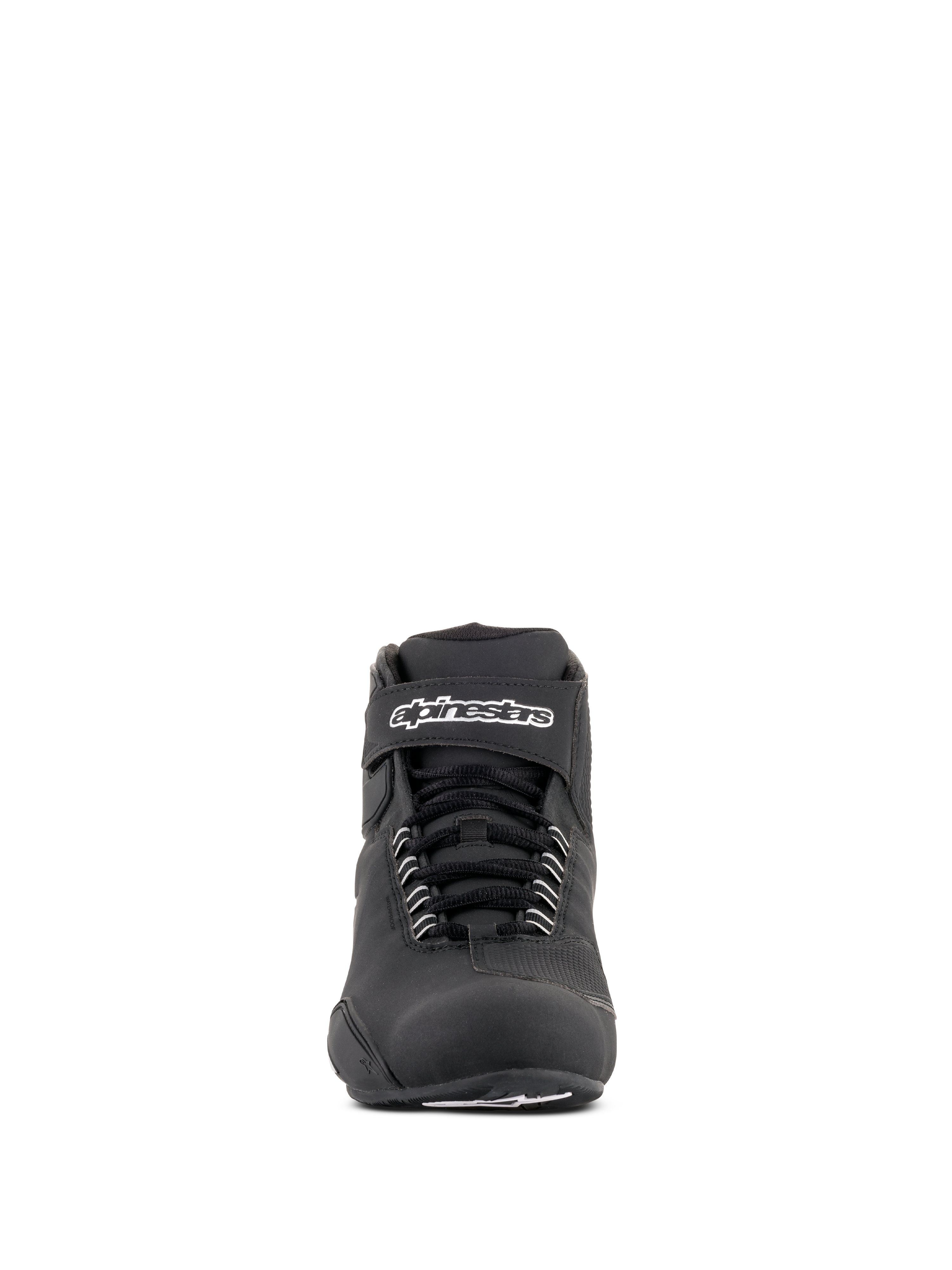 Alpinestars Sektor Waterproof Shoes, Black Riding Shoes, front view featuring black laces and a Velcro ankle strap with white Alpinestars logo, sleek microfiber design for all-weather motorcycle performance