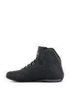 Alpinestars Sektor Waterproof Shoes, Motorcycle Riding Shoes, Black, side profile view showing a high-top design with microfiber upper, textured side panels, white lace eyelets, and brand logo on the ankle.