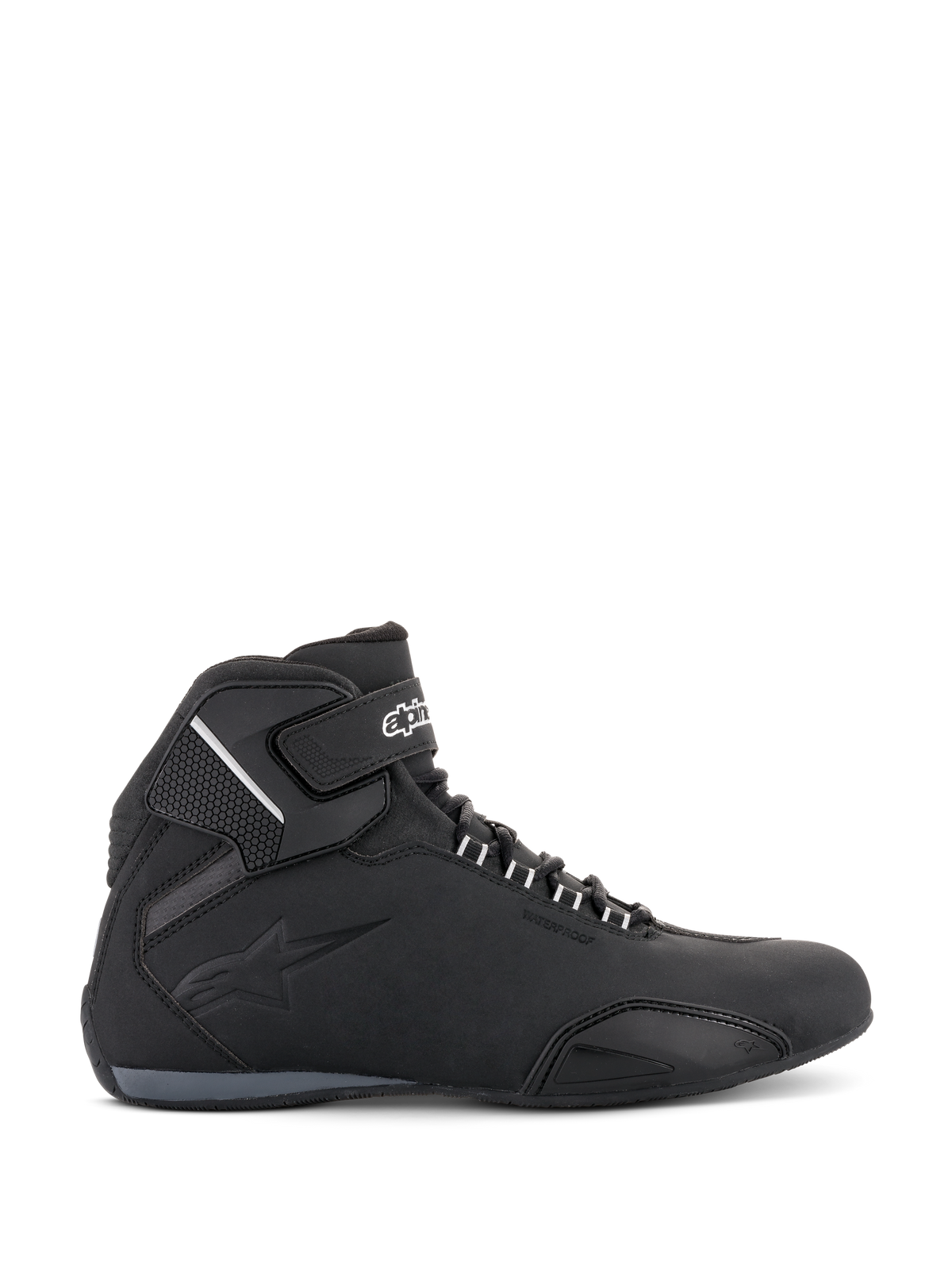 Alpinestars Sektor Waterproof Shoes, Motorcycle Riding Shoes, Black, side profile view, sleek microfiber chassis with waterproof membrane, reinforced toe-box, and secure hook-and-loop ankle strap