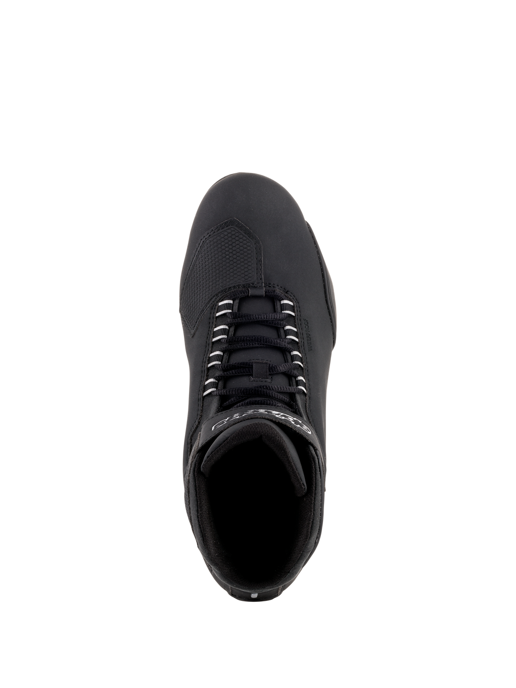 Alpinestars Sektor Waterproof Shoes, Black Motorcycle Riding Shoes, Top-down view showing black laces and reinforced toe-box, sleek microfiber construction for road performance