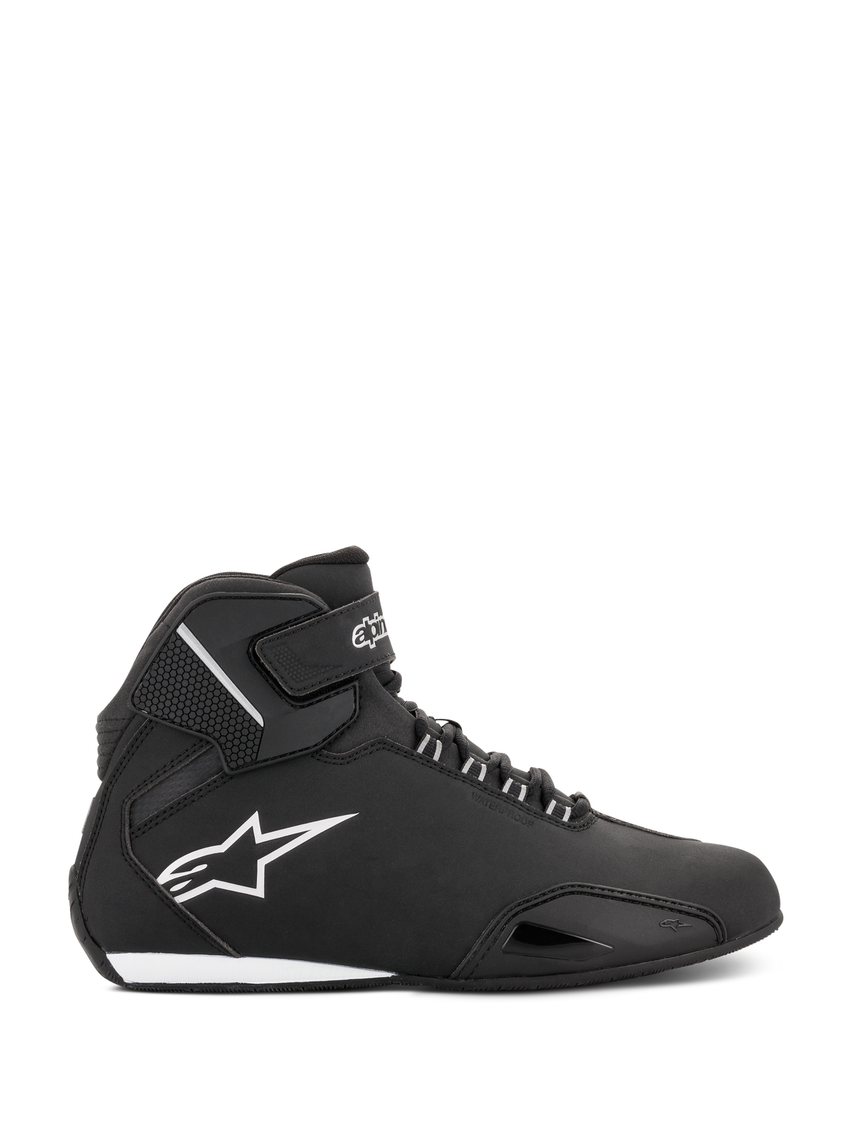 Alpinestars Stella Sektor wasserdichte Damenschuhe, Schwarz und Silber, Seitenprofil eines halbhohen Motorradschuhs mit leichtem Mikrofaser-Hauptchassis, weißem Astars-Logo sowie sicherem Schnür- und Klettverschluss