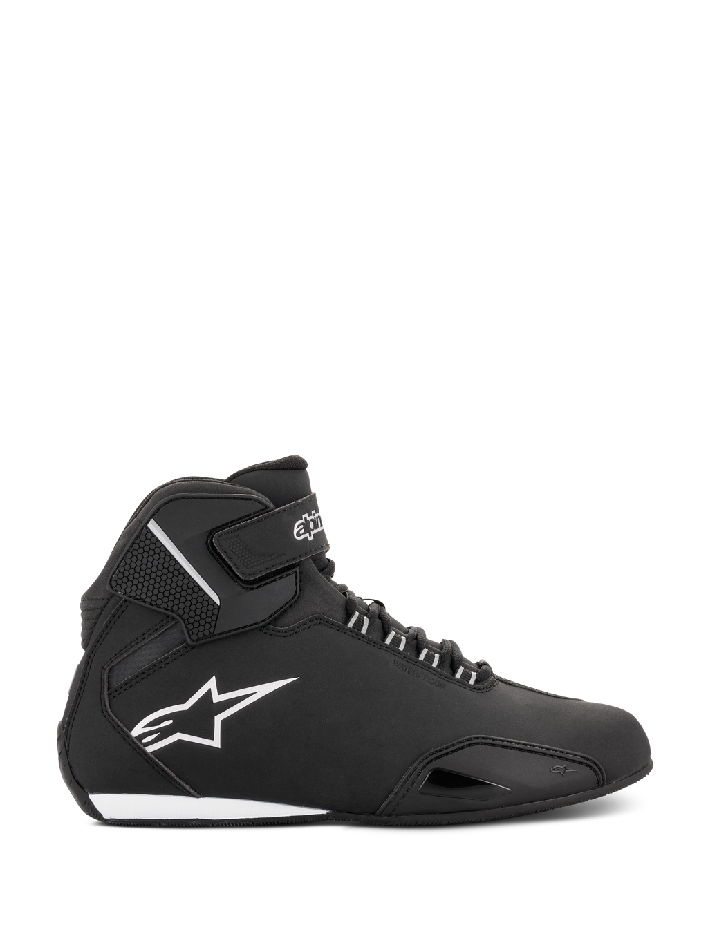 Alpinestars Stella Sektor wasserdichte Damenschuhe, Schwarz und Silber, Seitenprofil eines halbhohen Motorradschuhs mit leichtem Mikrofaser-Hauptchassis, weißem Astars-Logo sowie sicherem Schnür- und Klettverschluss