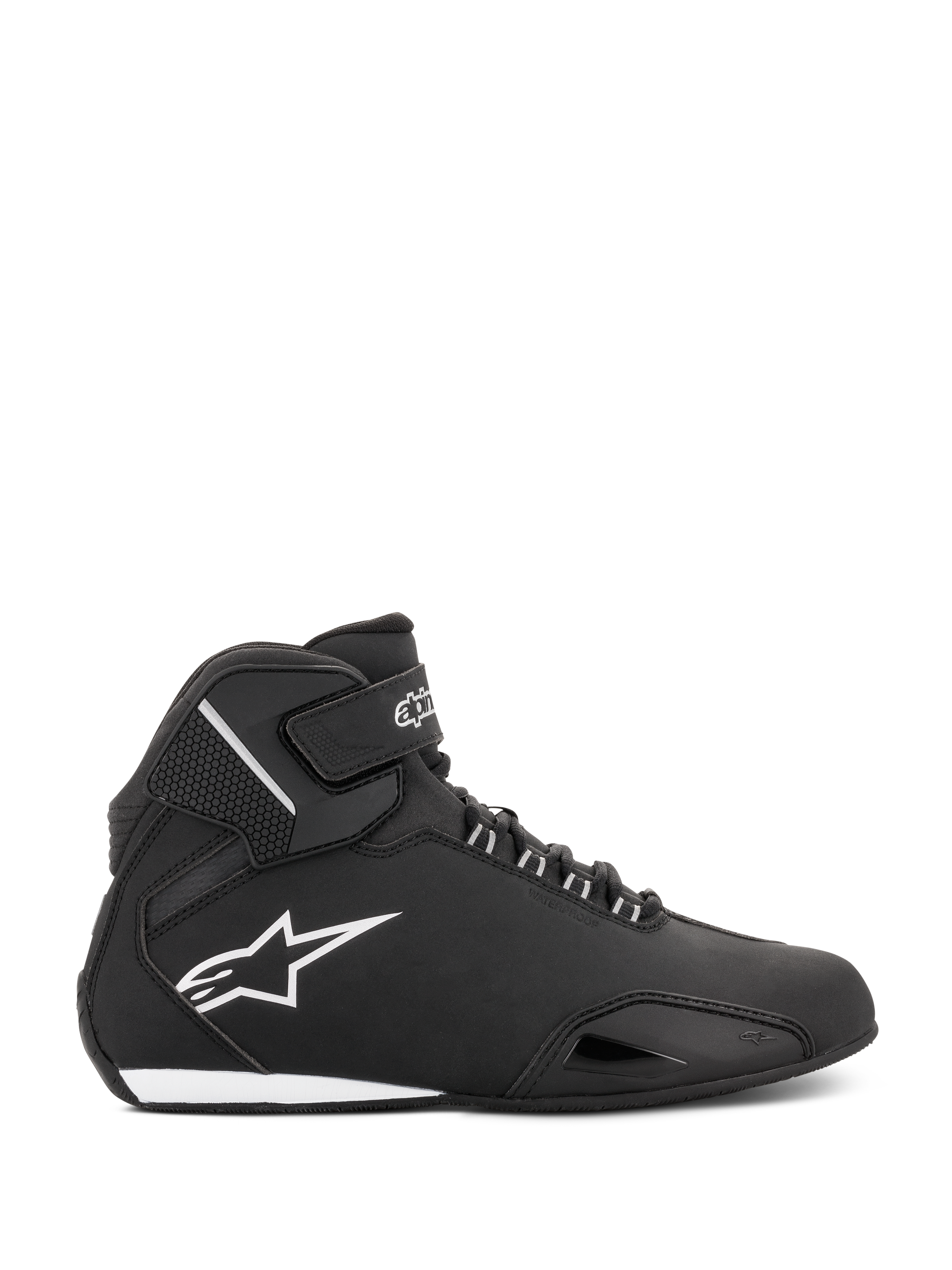 Alpinestars Stella Sektor wasserdichte Damenschuhe, Schwarz und Silber, Seitenprofil eines halbhohen Motorradschuhs mit leichtem Mikrofaser-Hauptchassis, weißem Astars-Logo sowie sicherem Schnür- und Klettverschluss