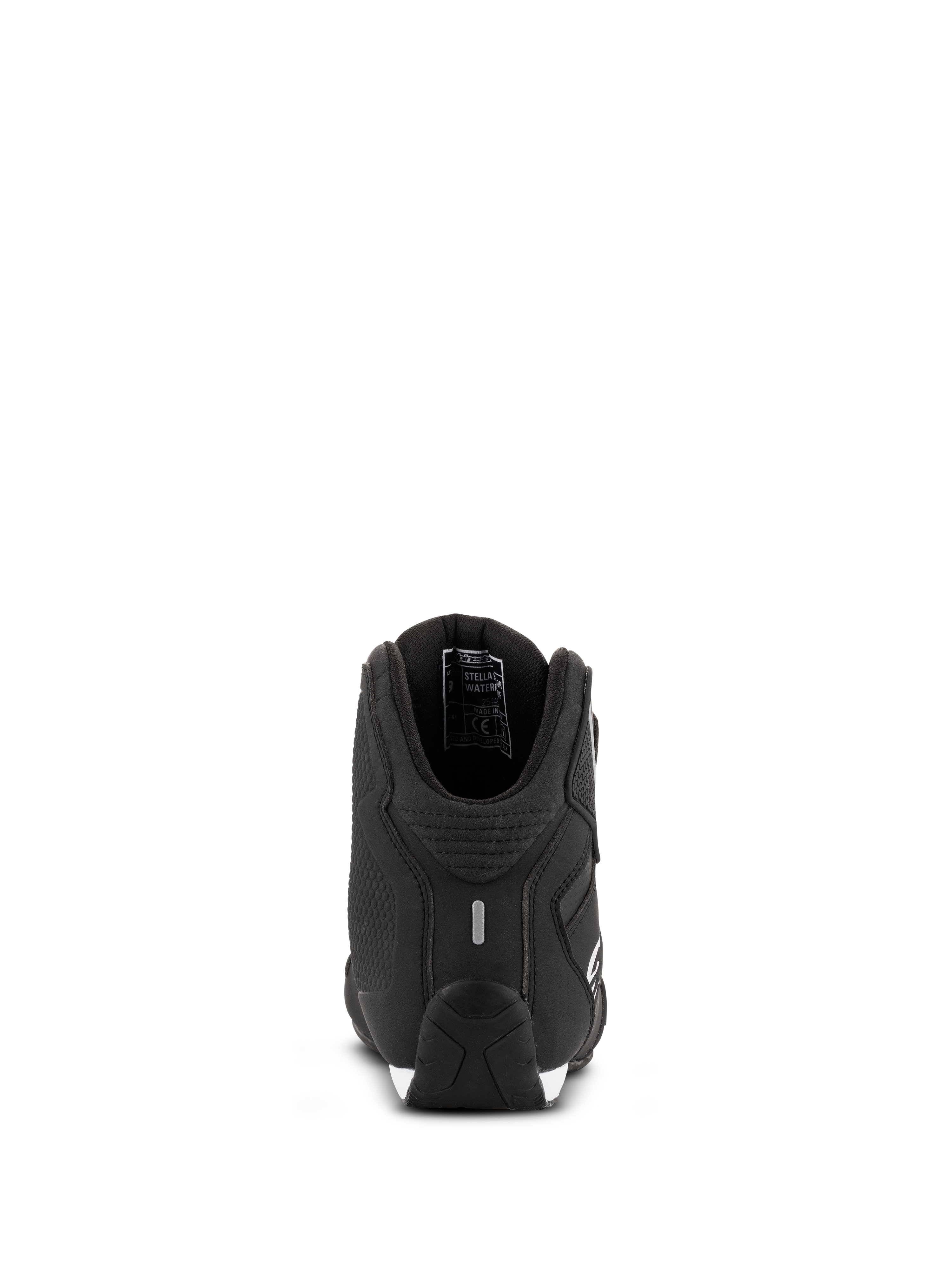 Alpinestars Damen Stella Sektor Wasserdichte Schuhe, Motorradschuhe, Schwarz-Silber, Rückansicht mit verstärkter Ferse und reflektierendem Detail, leichtes Mikrofaser-Chassis mit wasserdichtem Membranfutter