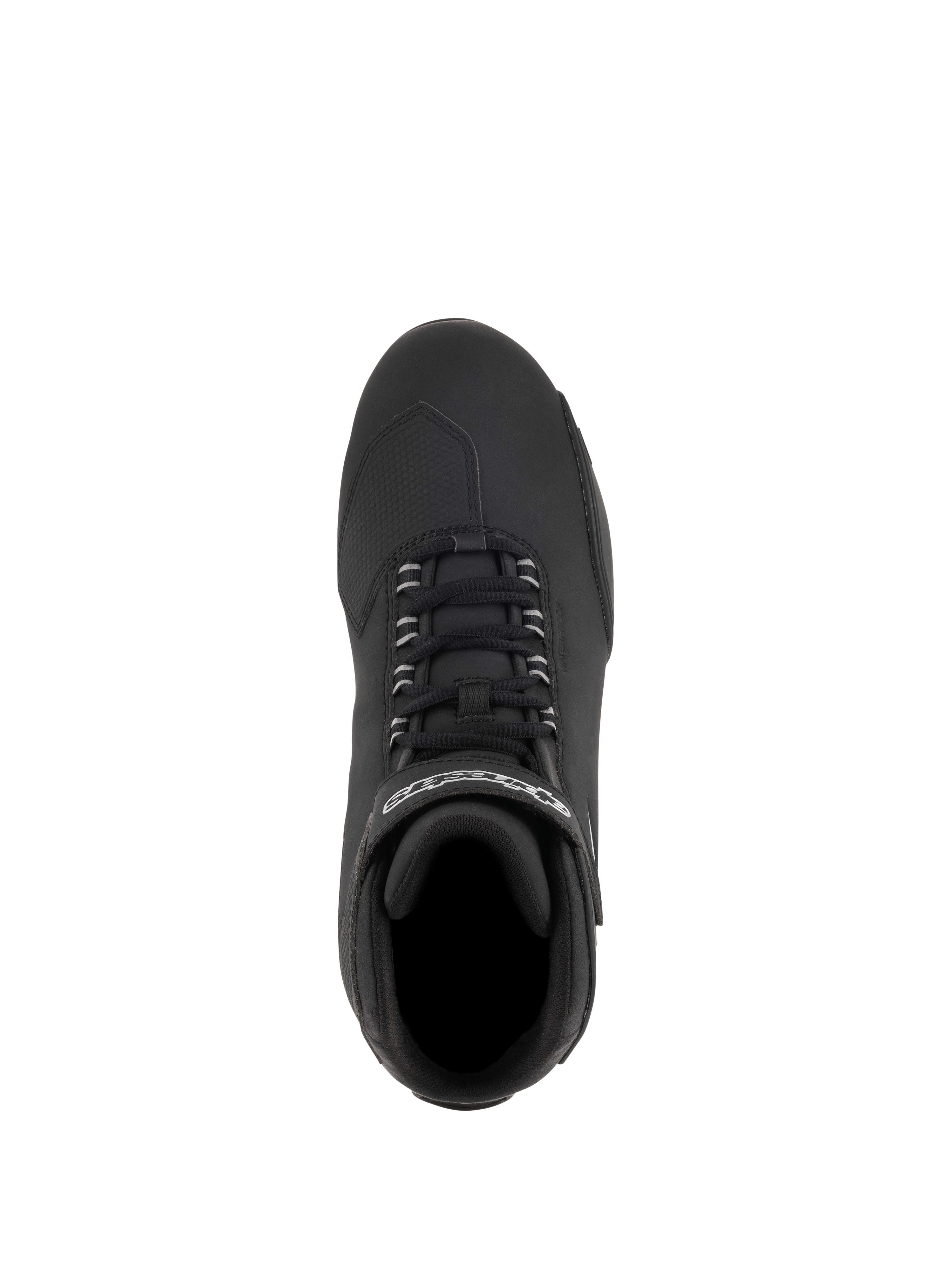 Alpinestars Stella Sektor Waterproof Schuhe, Motorradschuhe für Damen, Schwarz Silber, Draufsicht mit Schnellschnürsystem und Klettriemen mit Logo, Obermaterial aus Mikrofaser mit strukturierter Schaltverstärkung für Straßenfahrten