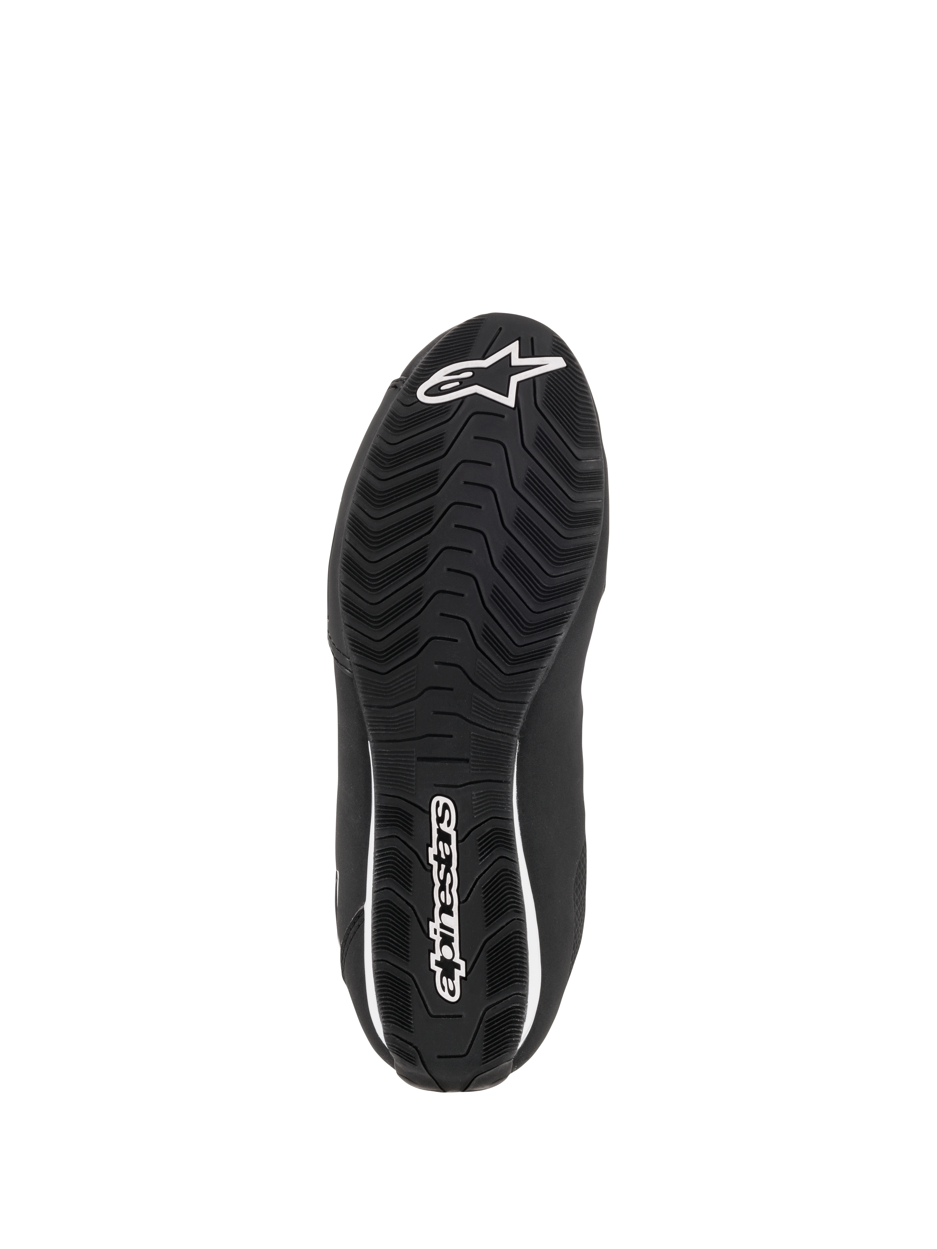 Alpinestars Stella Sektor Waterproof Damen-Schuhe, Unteransicht der schwarzen Gummisohle, texturiertes wellenförmiges Profilmuster für Traktion, weißes Alpinestars Stern-Logo und Wortmarke, konzipiert für optimalen Wasserabfluss und Griffigkeit.