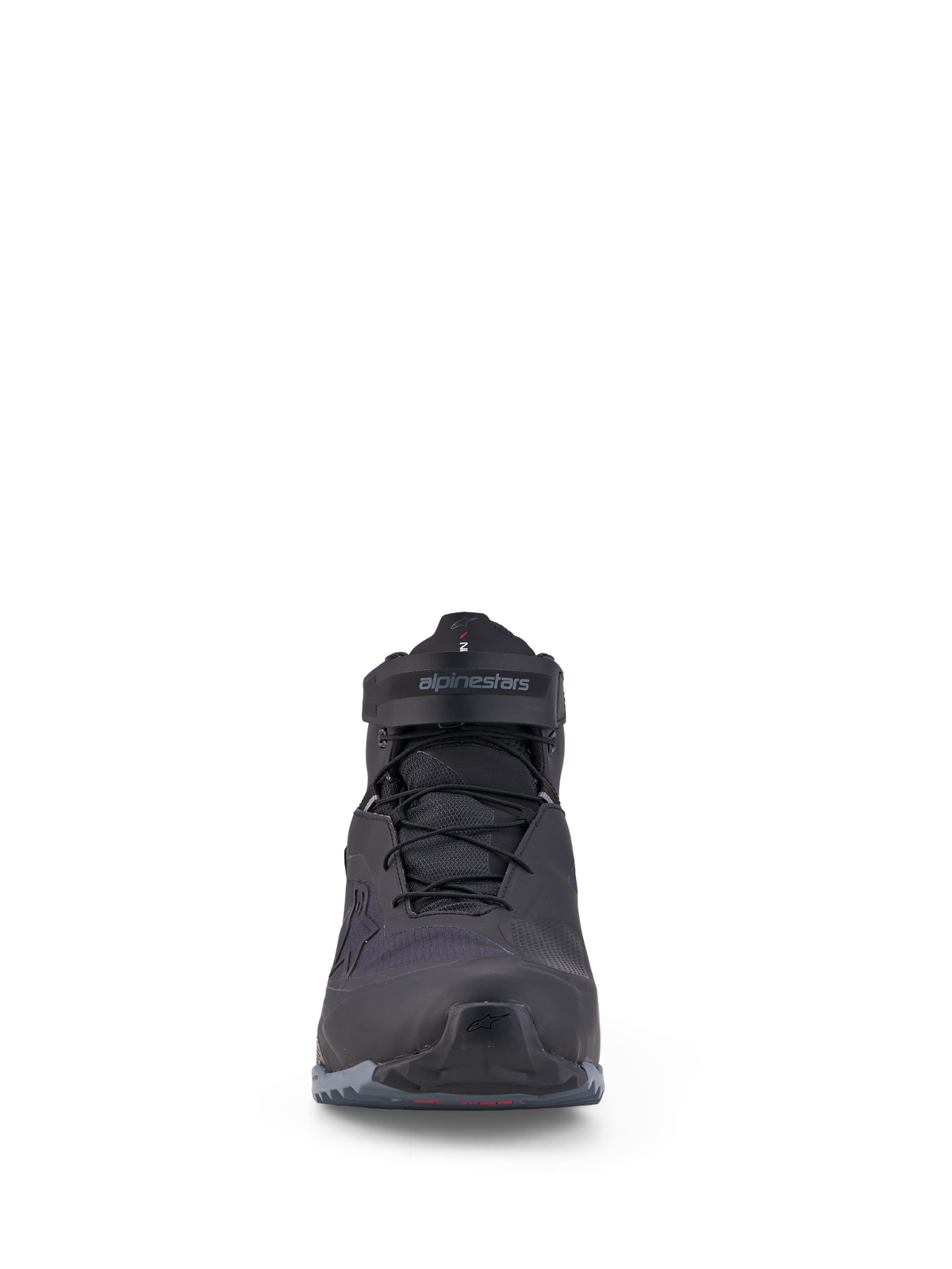 Alpinestars Cr X Gore Tex Schuhe, wasserdichte Motorradschuhe, Schwarz und Dunkelgrau, GORE-TEX Membran, Vorderansicht mit Schnür- und Klettverschluss