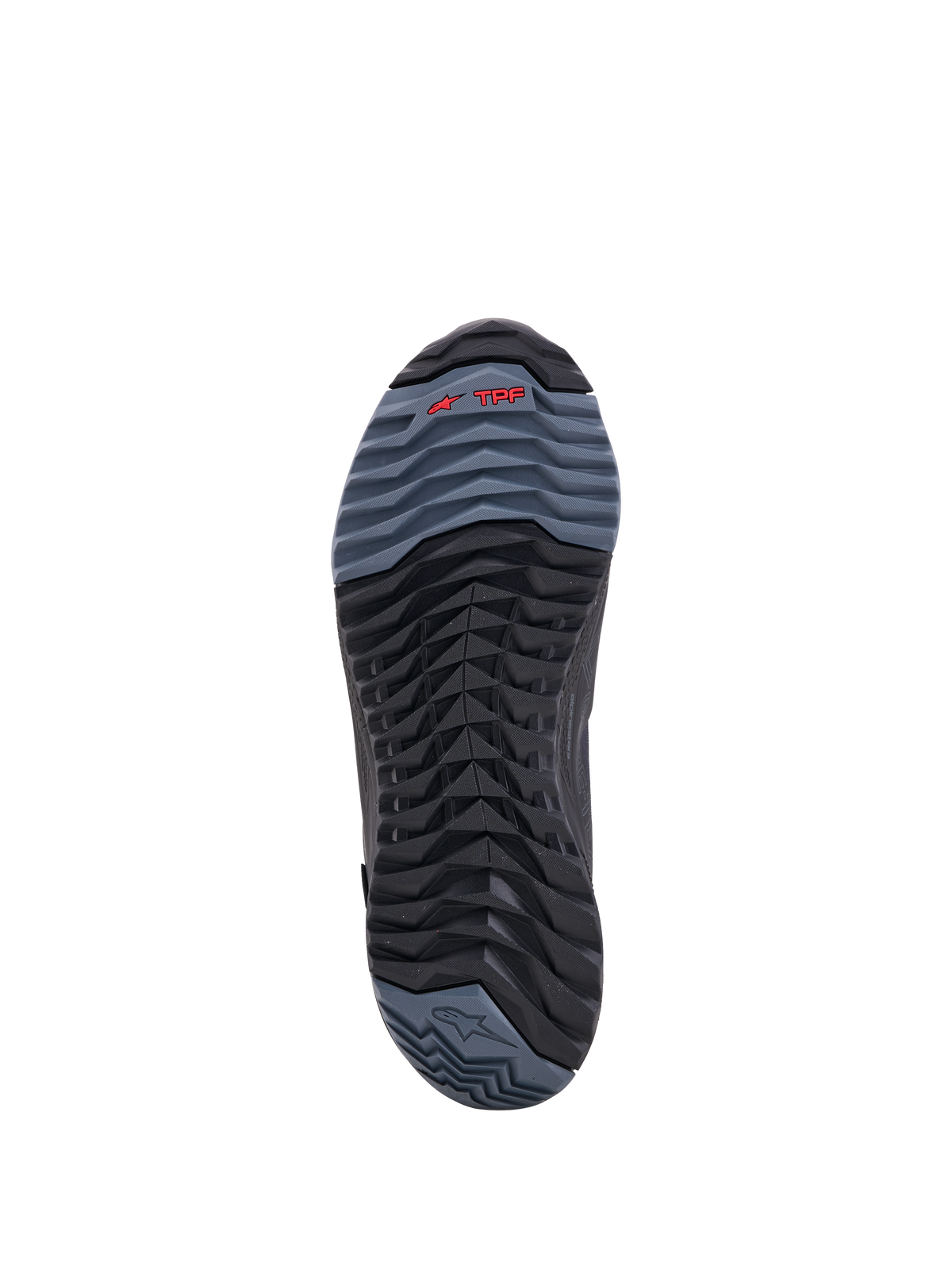 Alpinestars Cr X Gore Tex Schuhe, Nahaufnahme der Sohle mit TPF-Schutzrahmen und Profil, Schwarz und Dunkelgrau mit rotem Logo-Akzent