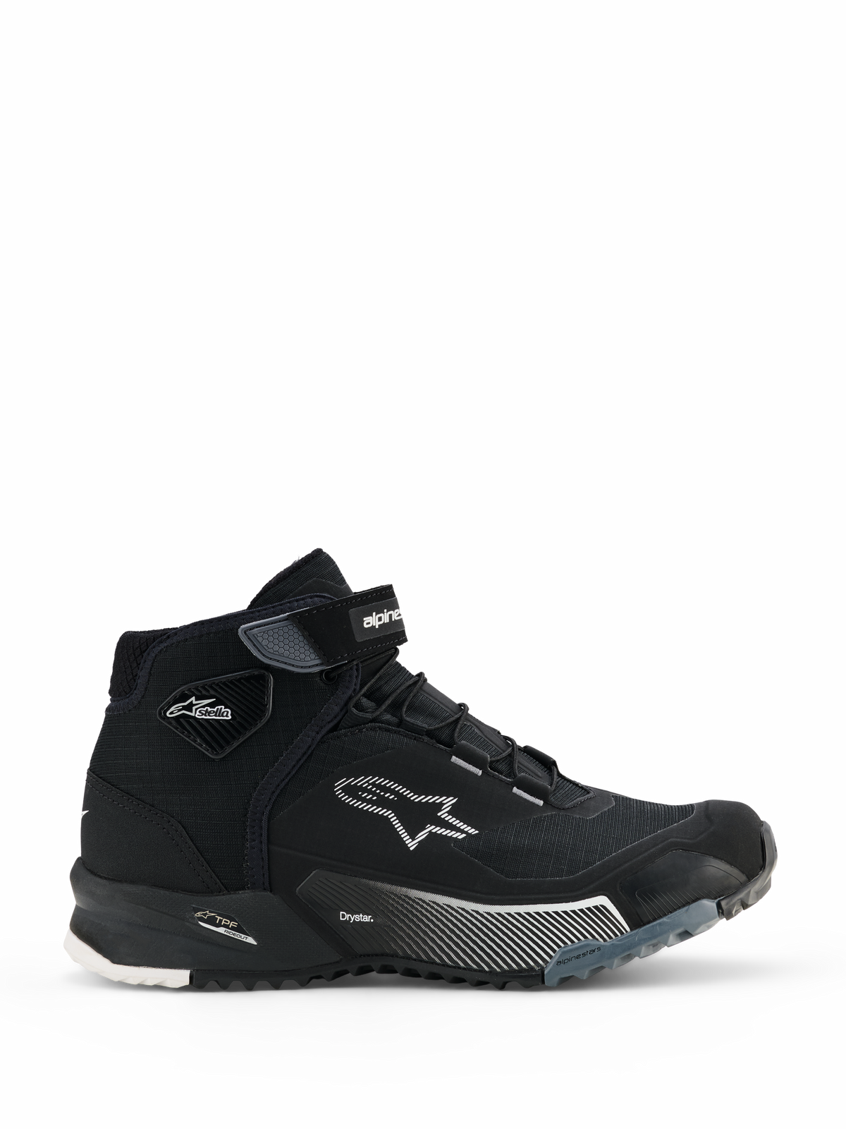 Alpinestars CR-X Damen Drystar Motorradschuhe, schwarze High-Top Motorrad-Sneaker, Seitenansicht urbaner Fahrerschuhe mit Schnürung und Klettverschluss am Knöchel, weißes Alpinestars-Sternlogo, 'Drystar'- und 'TPF'-Branding auf der Zwischensohle, robuste Gummisohle mit weißen und grauen Mustern