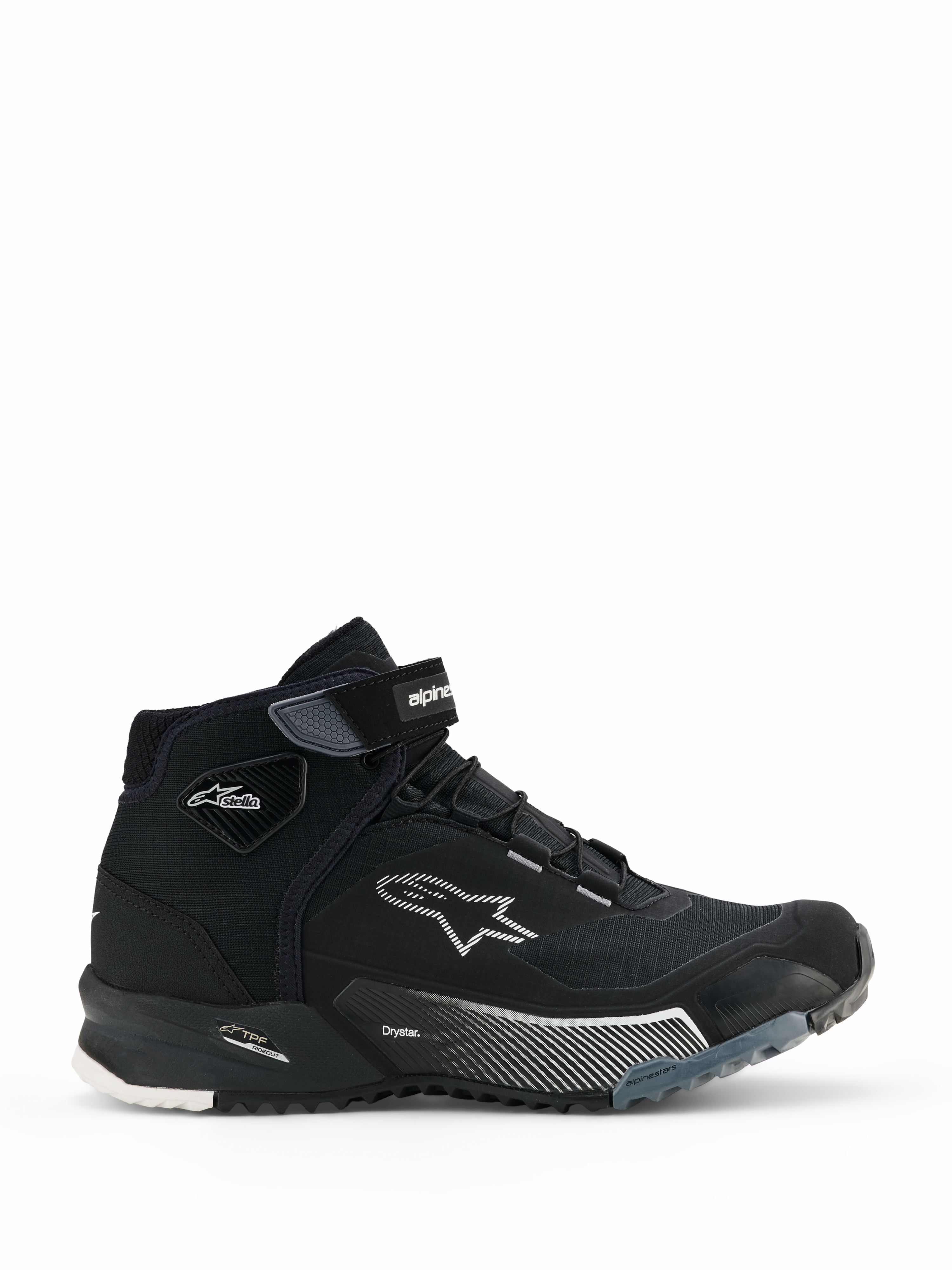 Alpinestars CR-X Damen Drystar Motorradschuhe, schwarze High-Top Motorrad-Sneaker, Seitenansicht urbaner Fahrerschuhe mit Schnürung und Klettverschluss am Knöchel, weißes Alpinestars-Sternlogo, 'Drystar'- und 'TPF'-Branding auf der Zwischensohle, robuste Gummisohle mit weißen und grauen Mustern