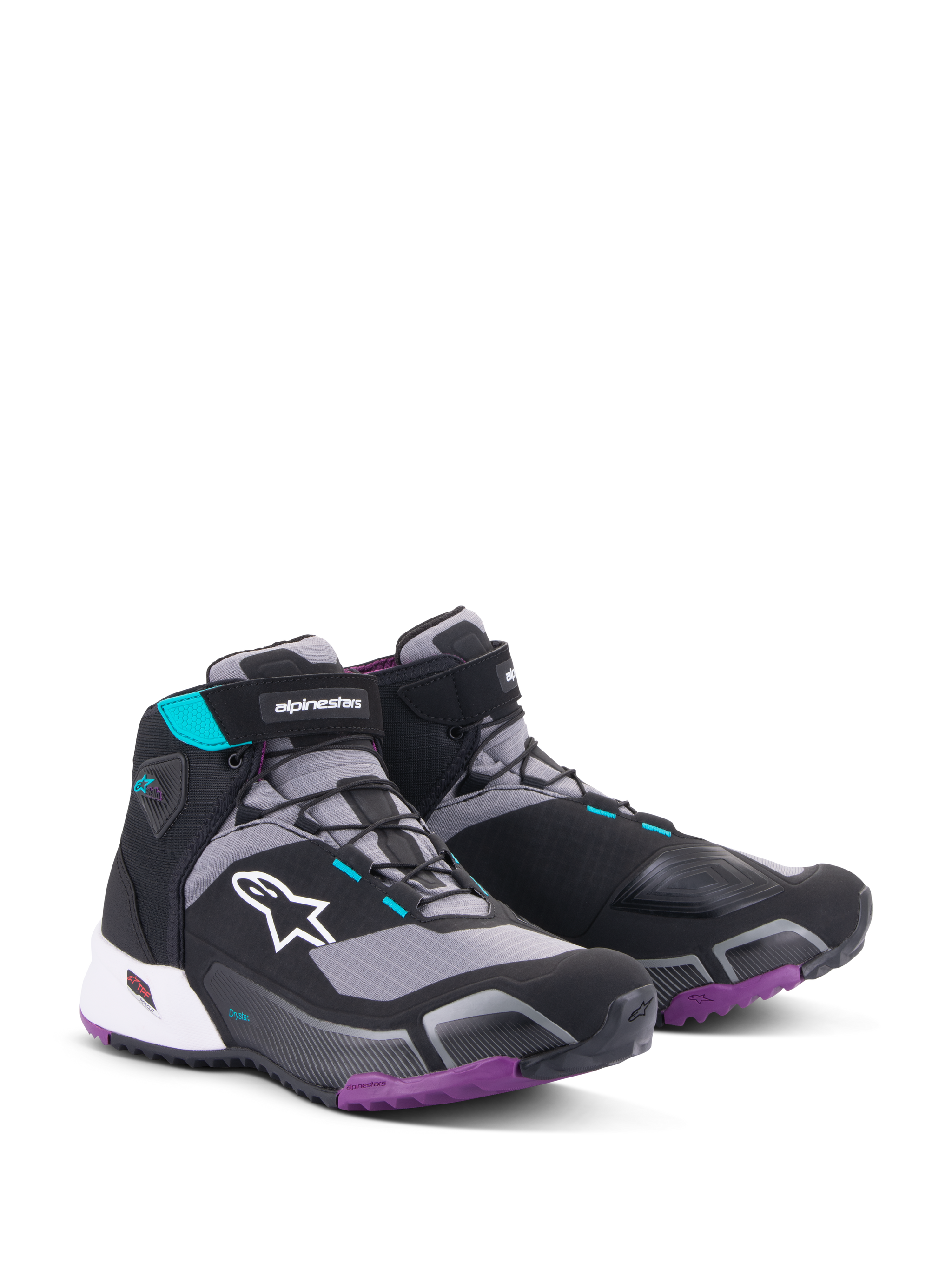 Alpinestars CR-X Women's Drystar® Riding Shoes, Motorcycle Riding Shoes, Black Gray Plum and Teal, featuring white Alpinestars logo on the side, purple outsole, teal accents, and sleek athletic design for walking and riding comfort