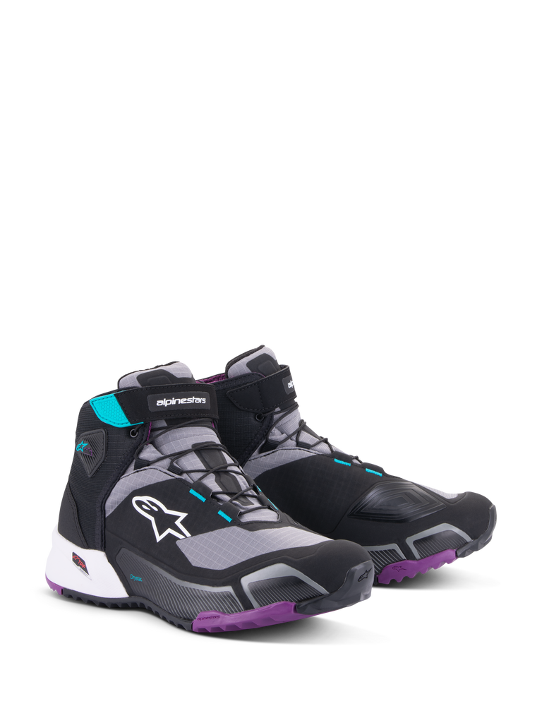 Alpinestars CR-X Women's Drystar® Riding Shoes, Motorcycle Riding Shoes, Black Gray Plum and Teal, featuring white Alpinestars logo on the side, purple outsole, teal accents, and sleek athletic design for walking and riding comfort
