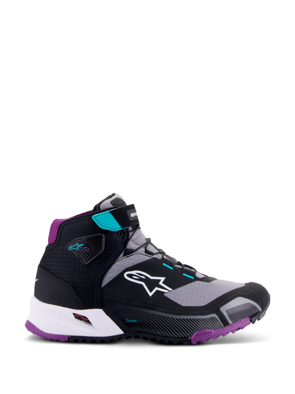 Alpinestars CR-X Damen Drystar® Motorradschuh, Schwarz Grau Pflaume Türkis, halbhohes Motorrad-Schuhwerk, weißes Alpinestars-Logo an der Seite, lilafarbene Außensohle und Fersenpolsterung, türkisfarbene Akzente am Knöchelriemen und den Schlaufen, schlankes sportliches Design für Touren und Pendler