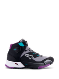Alpinestars CR-X Damen Drystar® Motorradschuh, Schwarz Grau Pflaume Türkis, halbhohes Motorrad-Schuhwerk, weißes Alpinestars-Logo an der Seite, lilafarbene Außensohle und Fersenpolsterung, türkisfarbene Akzente am Knöchelriemen und den Schlaufen, schlankes sportliches Design für Touren und Pendler
