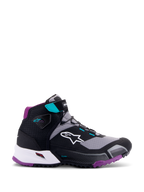 Alpinestars CR-X Damen Drystar® Motorradschuh, Schwarz Grau Pflaume Türkis, halbhohes Motorrad-Schuhwerk, weißes Alpinestars-Logo an der Seite, lilafarbene Außensohle und Fersenpolsterung, türkisfarbene Akzente am Knöchelriemen und den Schlaufen, schlankes sportliches Design für Touren und Pendler