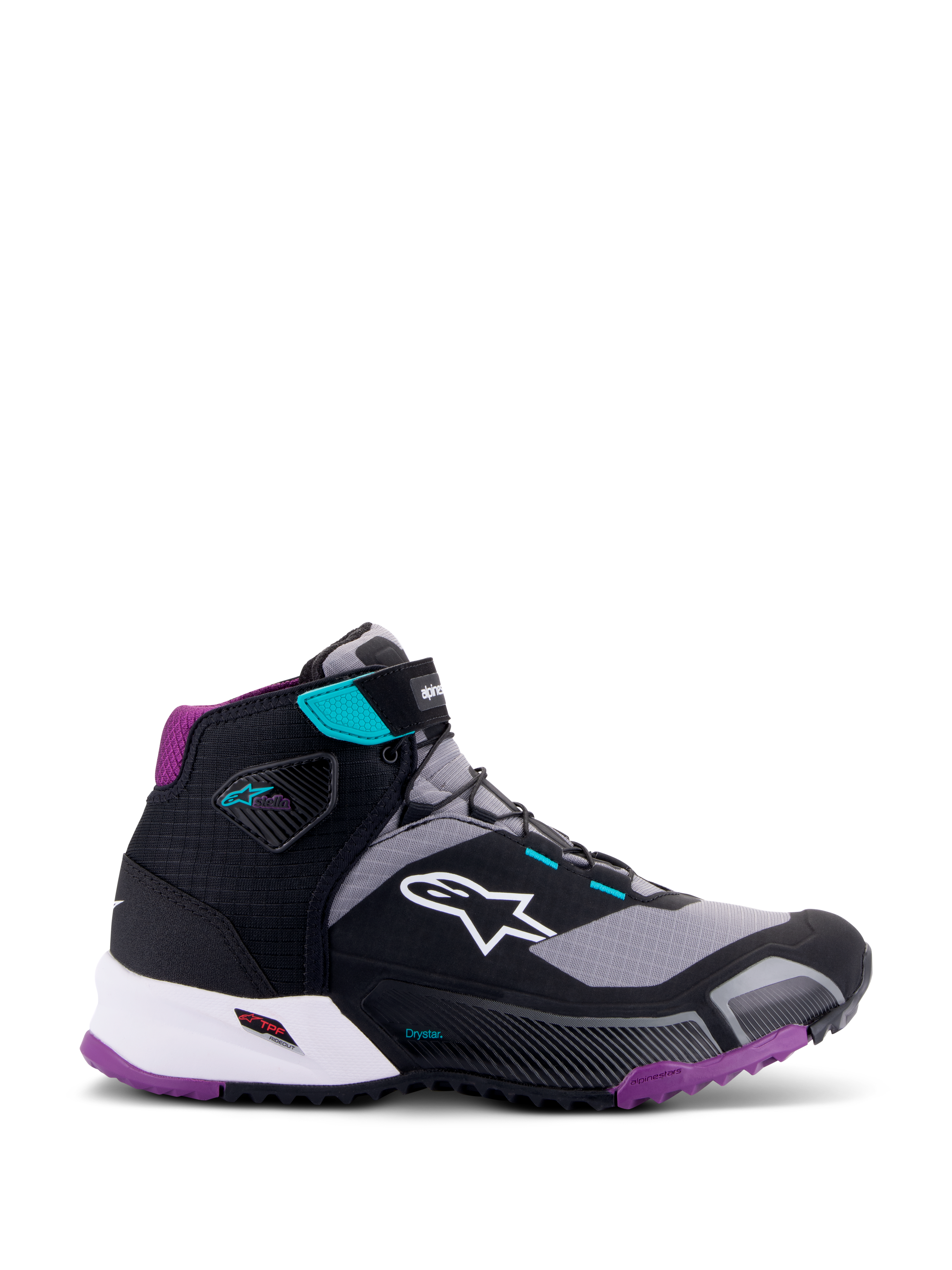 Alpinestars CR-X Damen Drystar® Motorradschuh, Schwarz Grau Pflaume Türkis, halbhohes Motorrad-Schuhwerk, weißes Alpinestars-Logo an der Seite, lilafarbene Außensohle und Fersenpolsterung, türkisfarbene Akzente am Knöchelriemen und den Schlaufen, schlankes sportliches Design für Touren und Pendler
